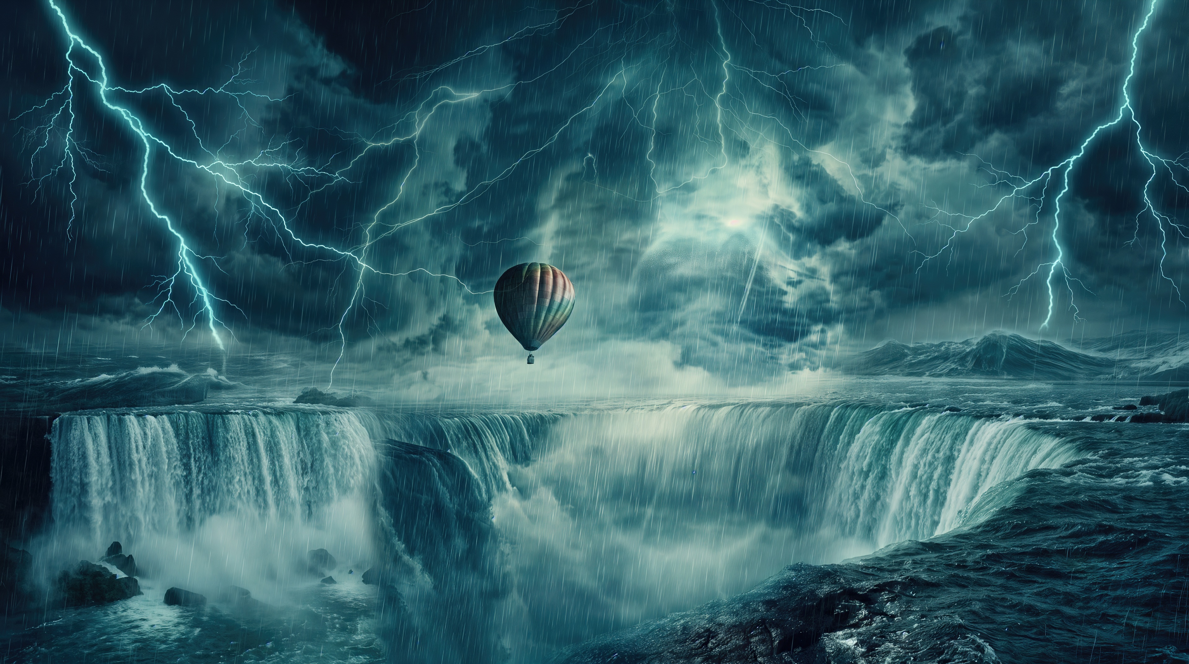 Free photo The bright balloon froze in a raging hurricane over a stormy semicircular waterfall under heavy clouds.