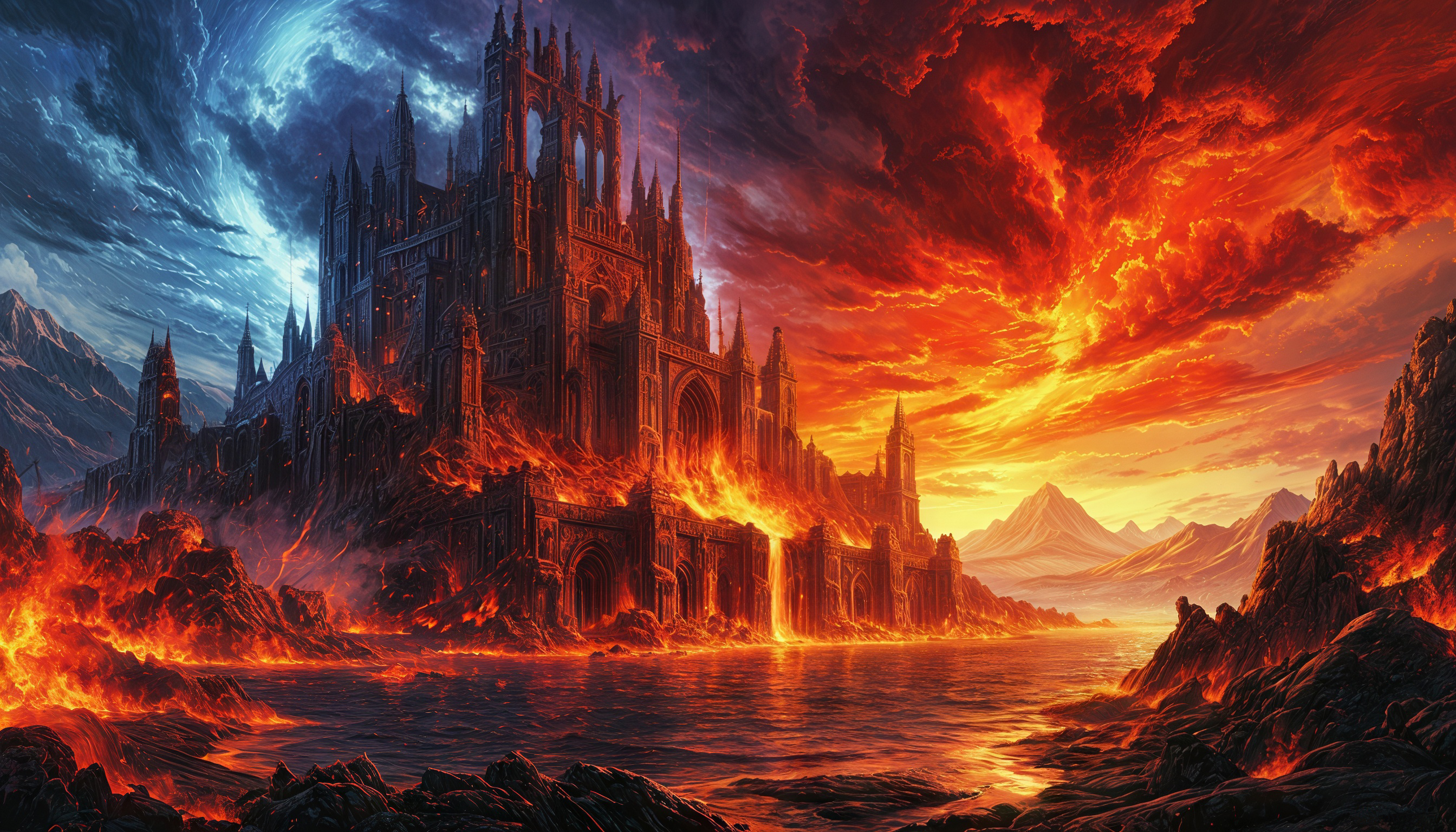 Бесплатное фото Фэнтези-апокалипсис с замком в огне на фоне заката.