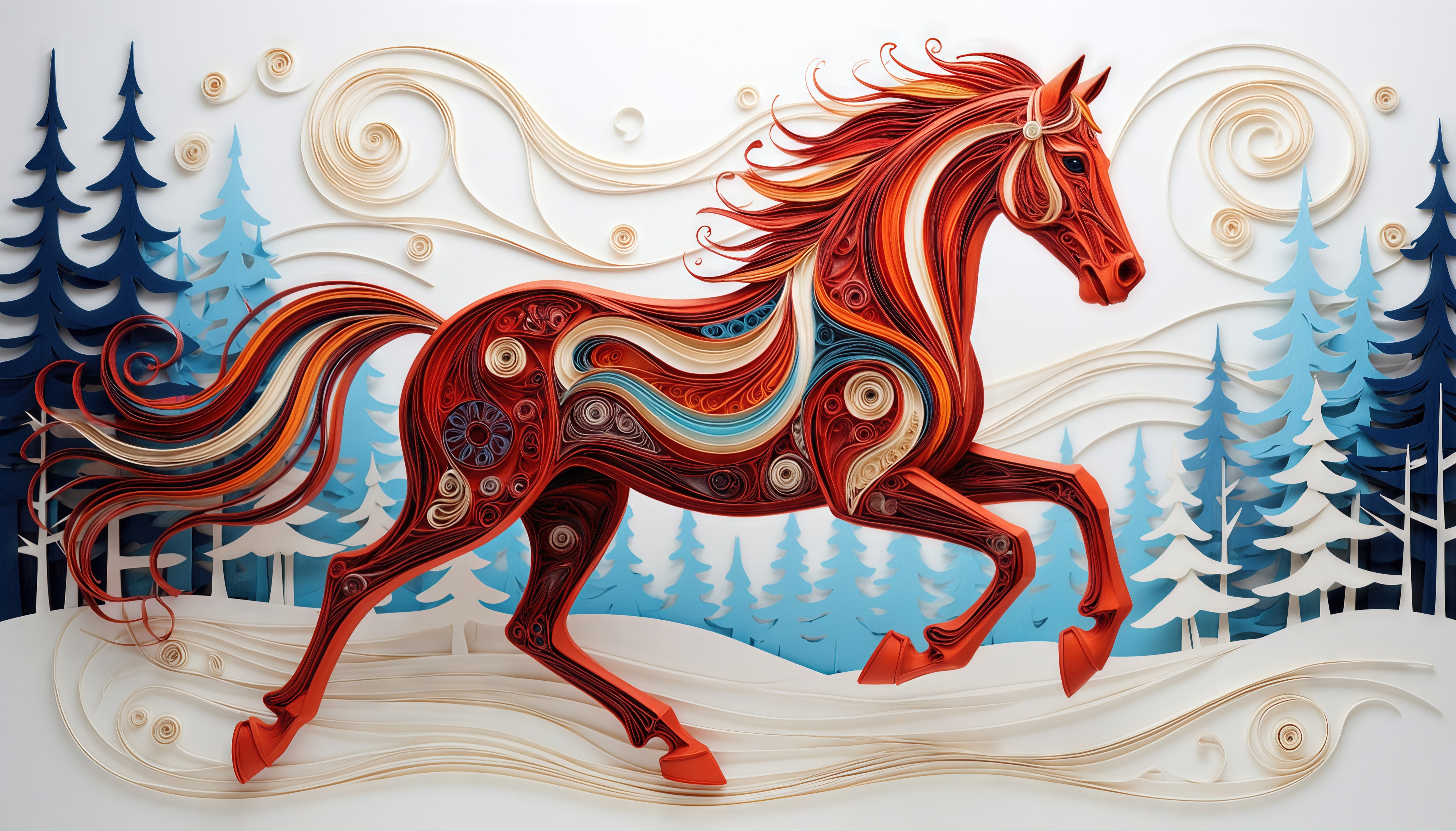 Лошадь в технике квиллинг на фоне зимнего леса.
