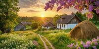 Сельский пейзаж с тропинкой, ведущими к деревянным домам на фоне леса и заходящего солнца.