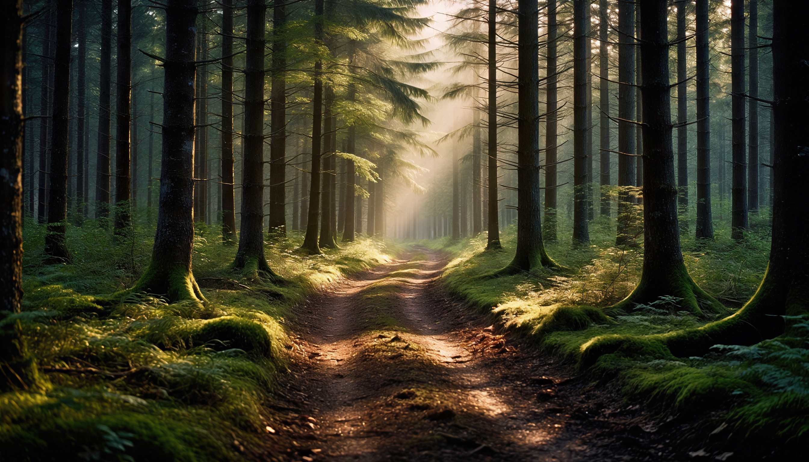 Бесплатное фото Дорога в лесу, освещенная солнечными лучами, ведет вглубь таинственного и умиротворяющего природного пейзажа.