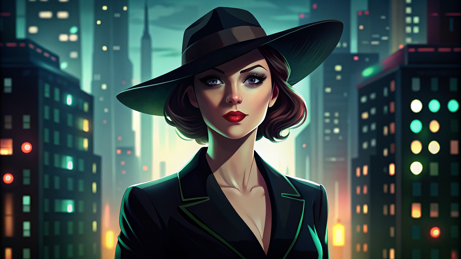 Рисунок портрет девушки в шляпе на фоне ночного города
