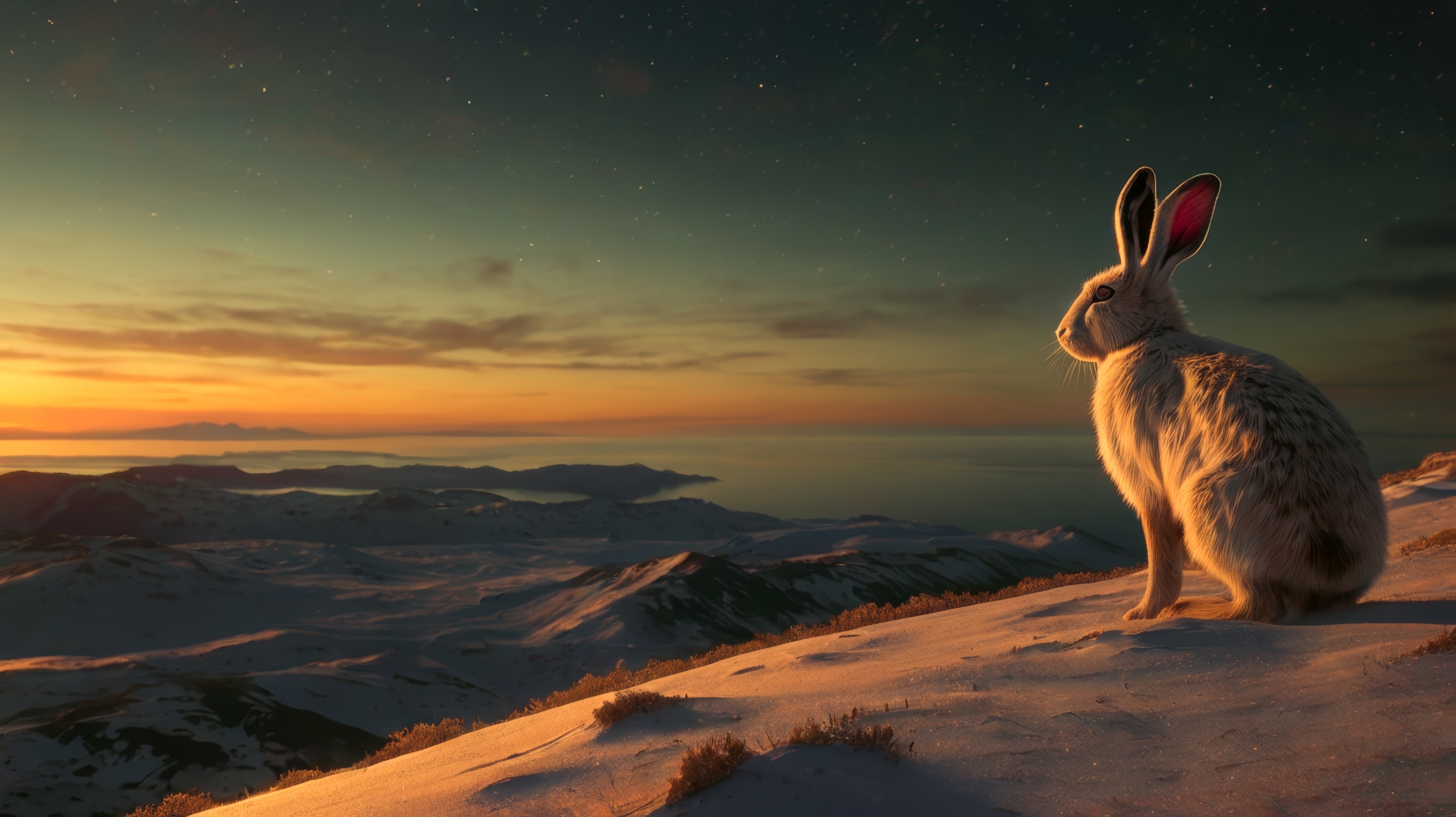 Бесплатное фото Кролик с красными ушами сидит на снегу.