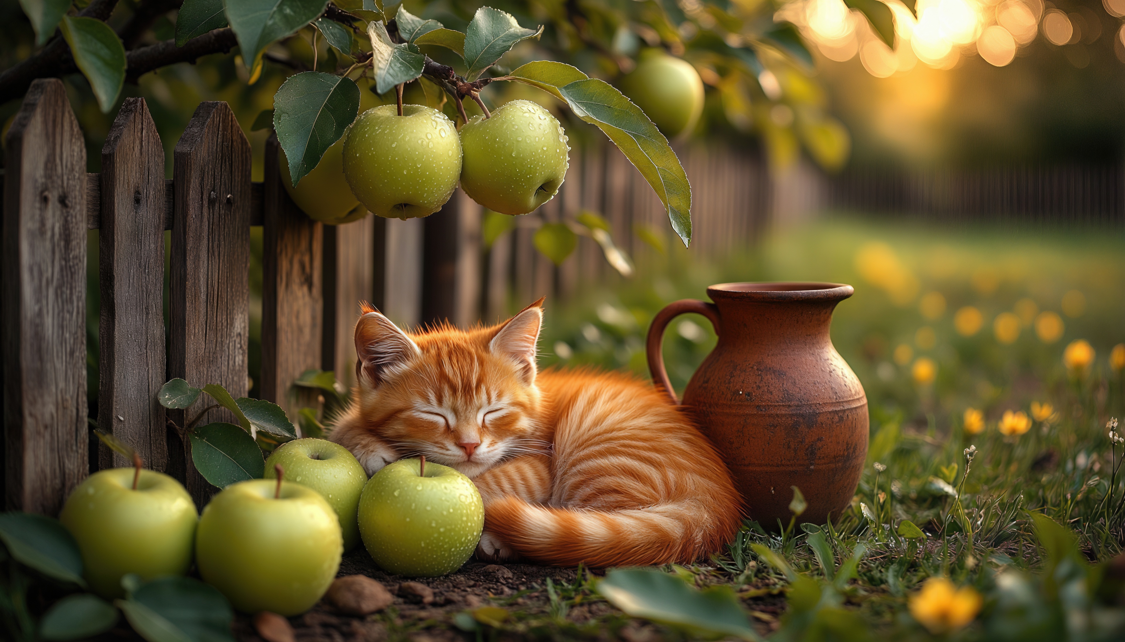Бесплатное фото Рыжий котёнок спит под яблоней возле кувшина, окружённый зелёными яблоками и травой.