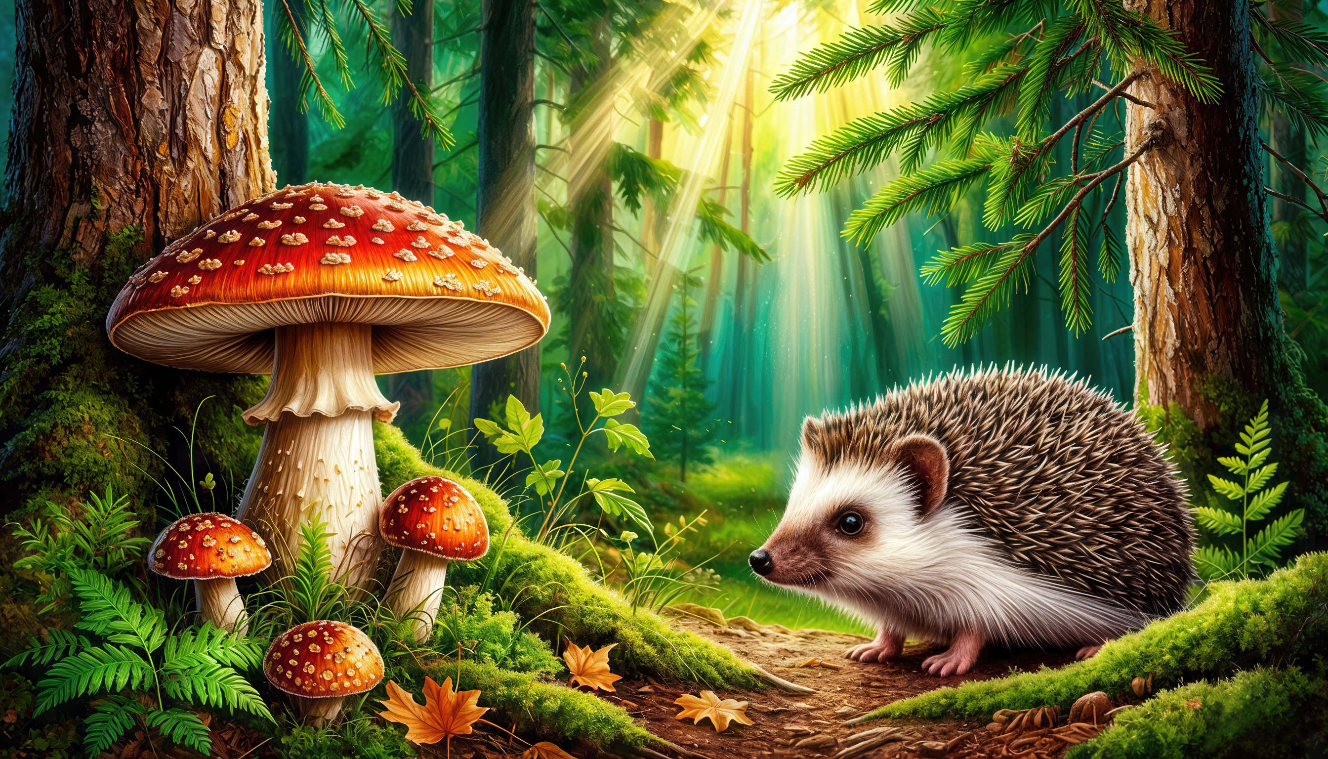 免费照片刺猬在阳光明媚的森林空地上看着苍蝇木耳。