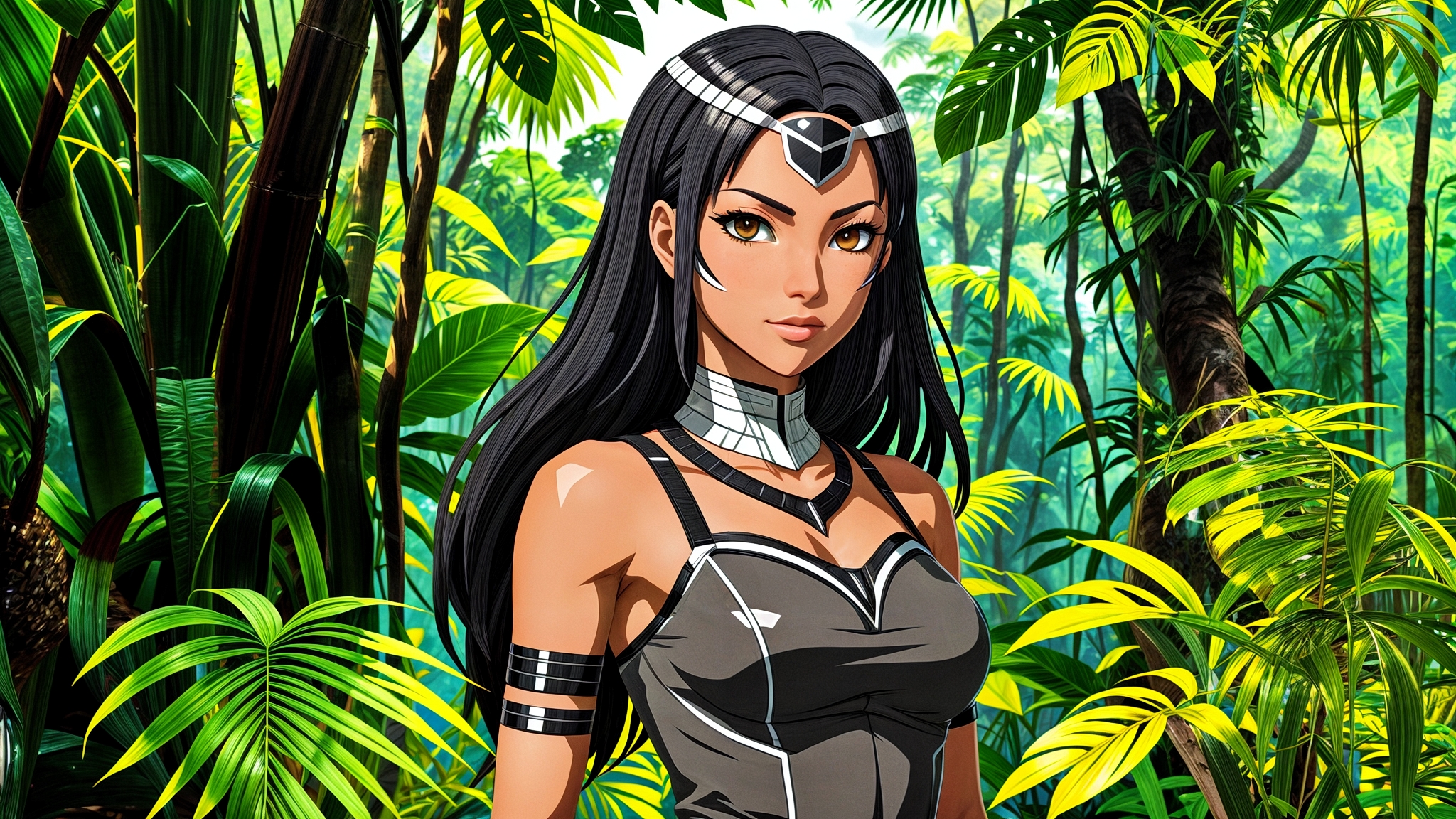 Бесплатное фото Черноволосая девушка стоит на фоне тропического леса