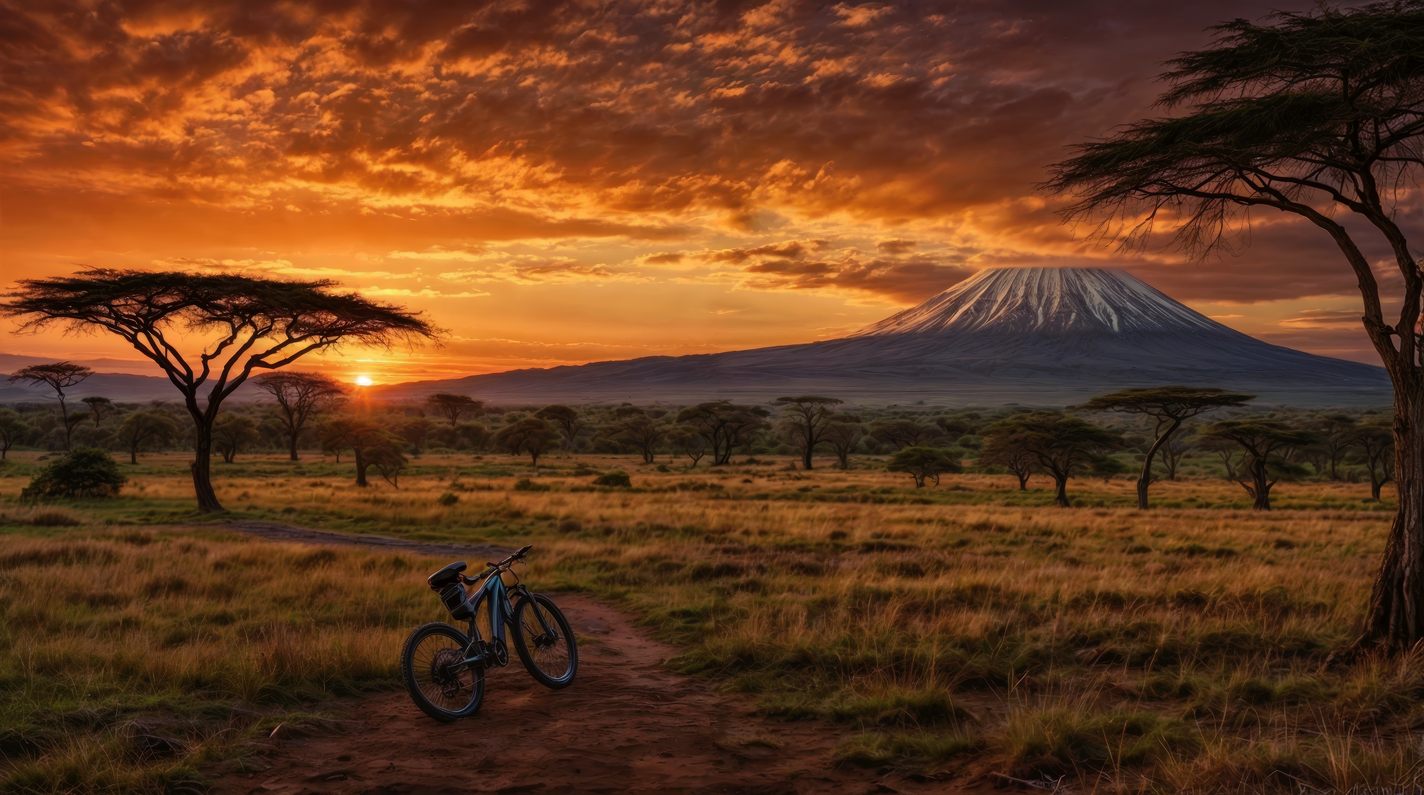 Бесплатное фото Вид на горы на закате с припаркованным на обочине велосипедом