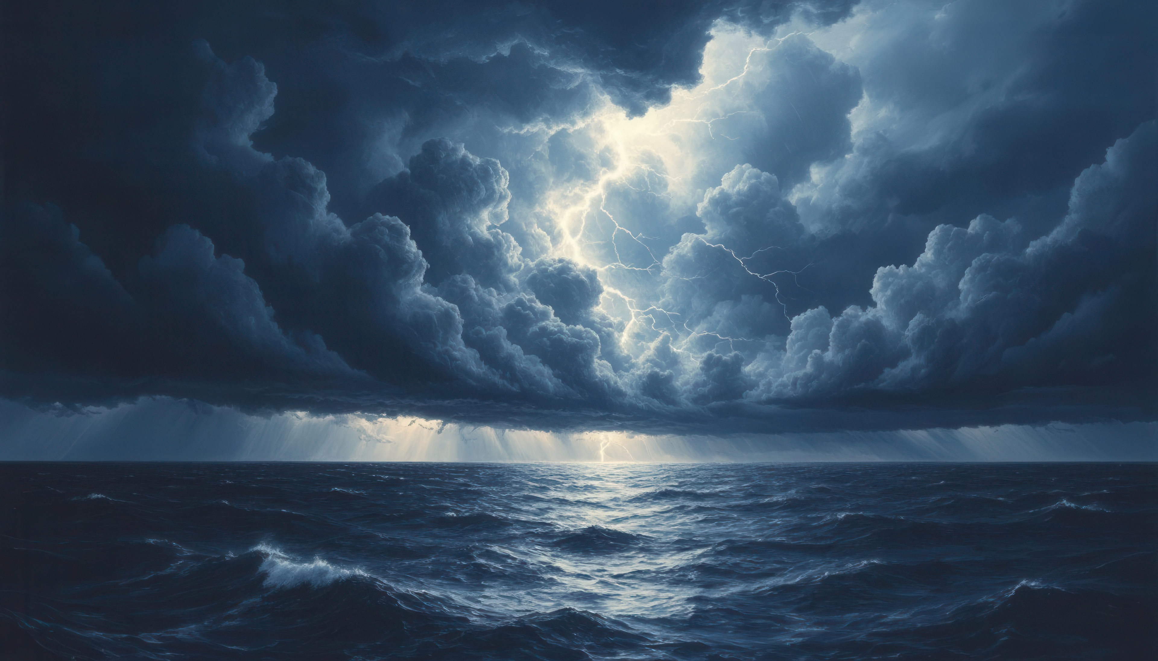 免费照片阴沉的天空被闪电劈开，悬挂在旋转的海洋上--一帧中元素的力量。