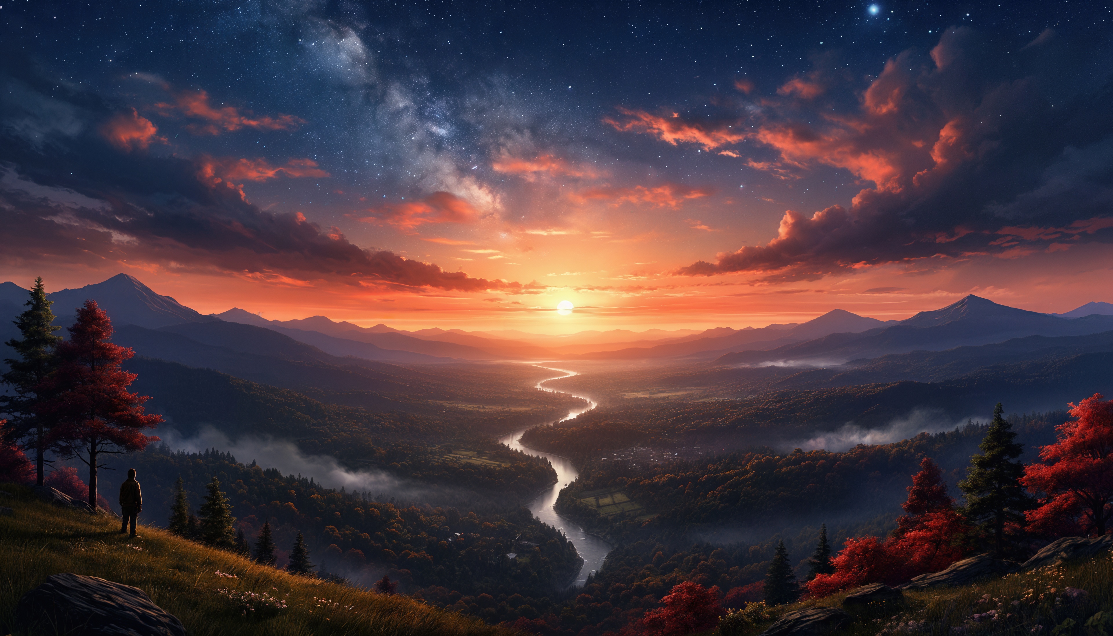 Бесплатное фото Одинокий путник на склоне горы любуется звёздным небом и рекой.