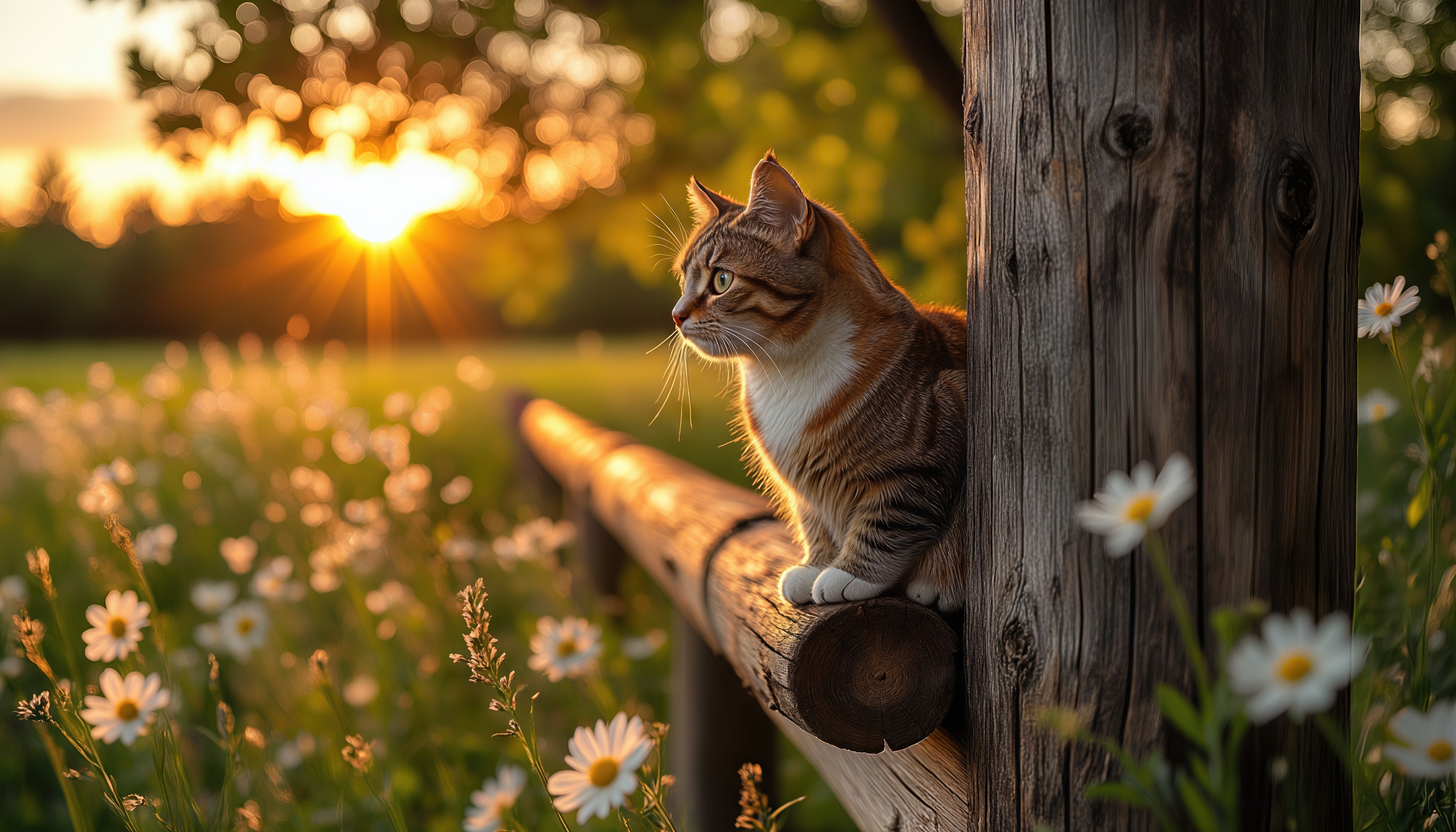 Бесплатное фото Закат окрасил поле с ромашками, кошка наблюдает за ним.