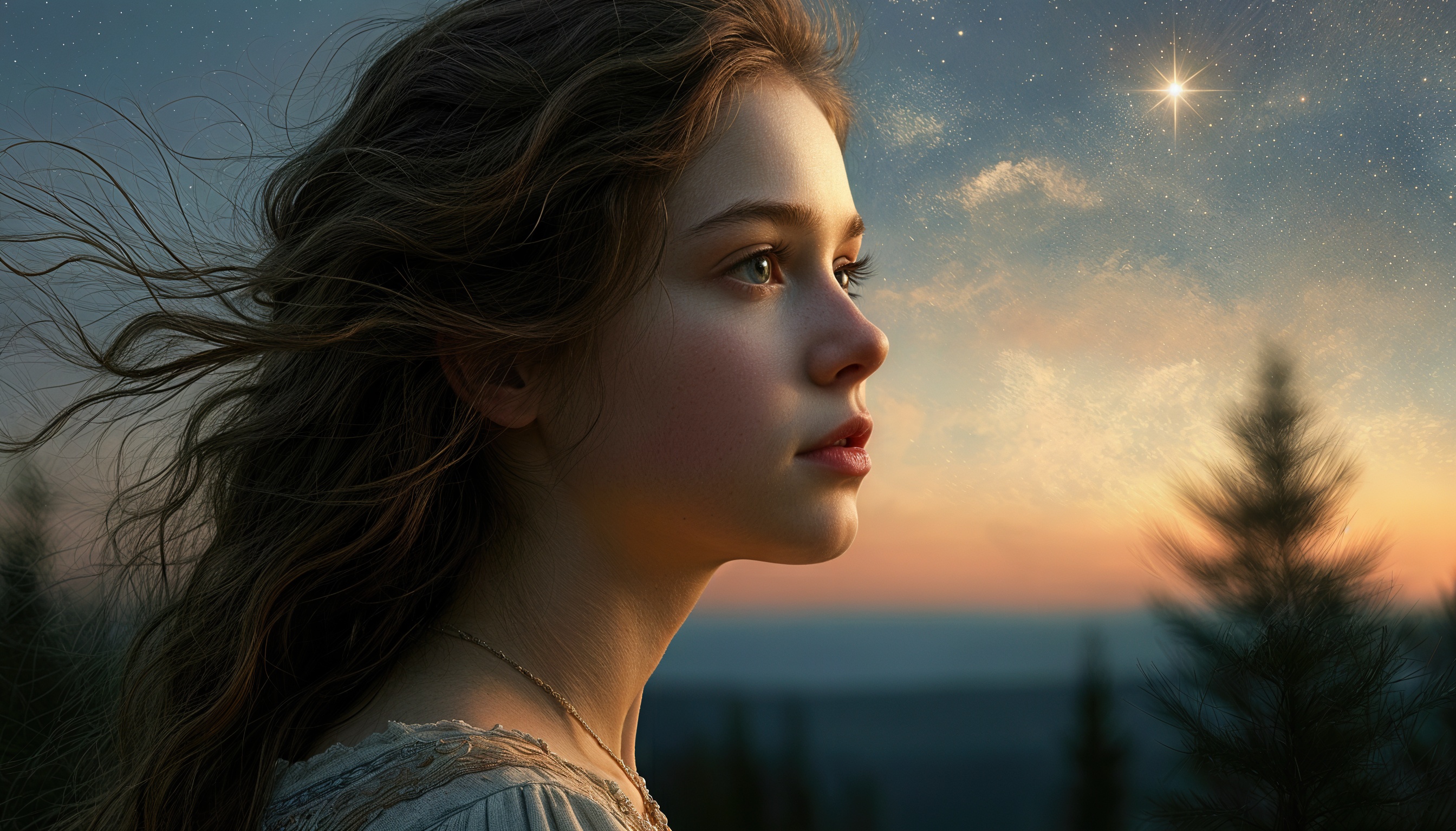 Бесплатное фото Портрет девушки в профиль на фоне звездного неба.
