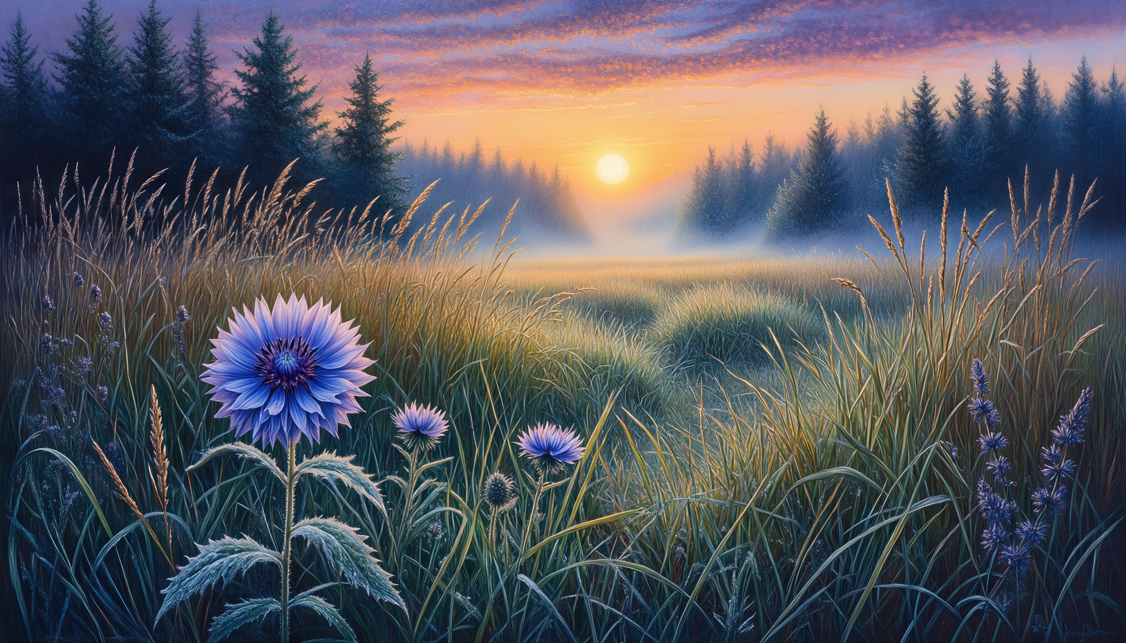 Free photo Sunset field with cornflowers, coniferous forest in a haze, golden rays of the sun.