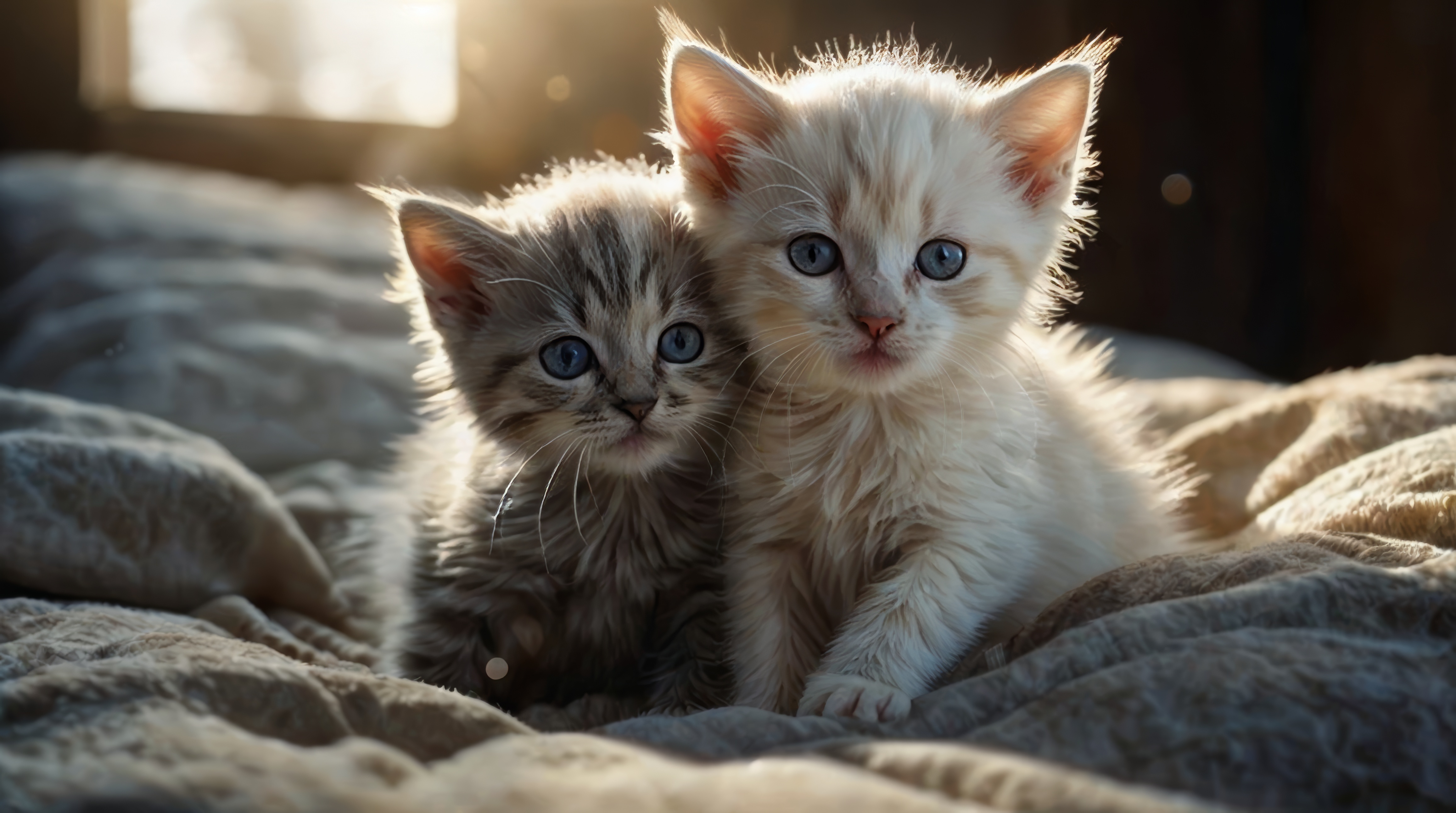 Бесплатное фото Два котенка сидят на кровати друг с другом
