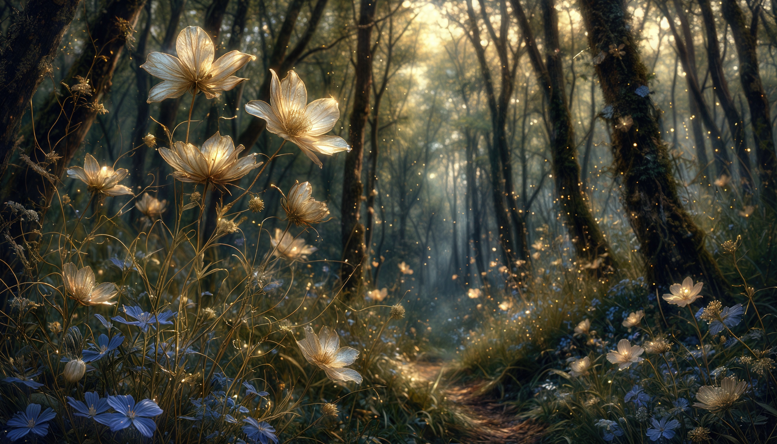 Бесплатное фото Волшебный лес с светящимися цветами и деревьями, создающий атмосферу сказки.