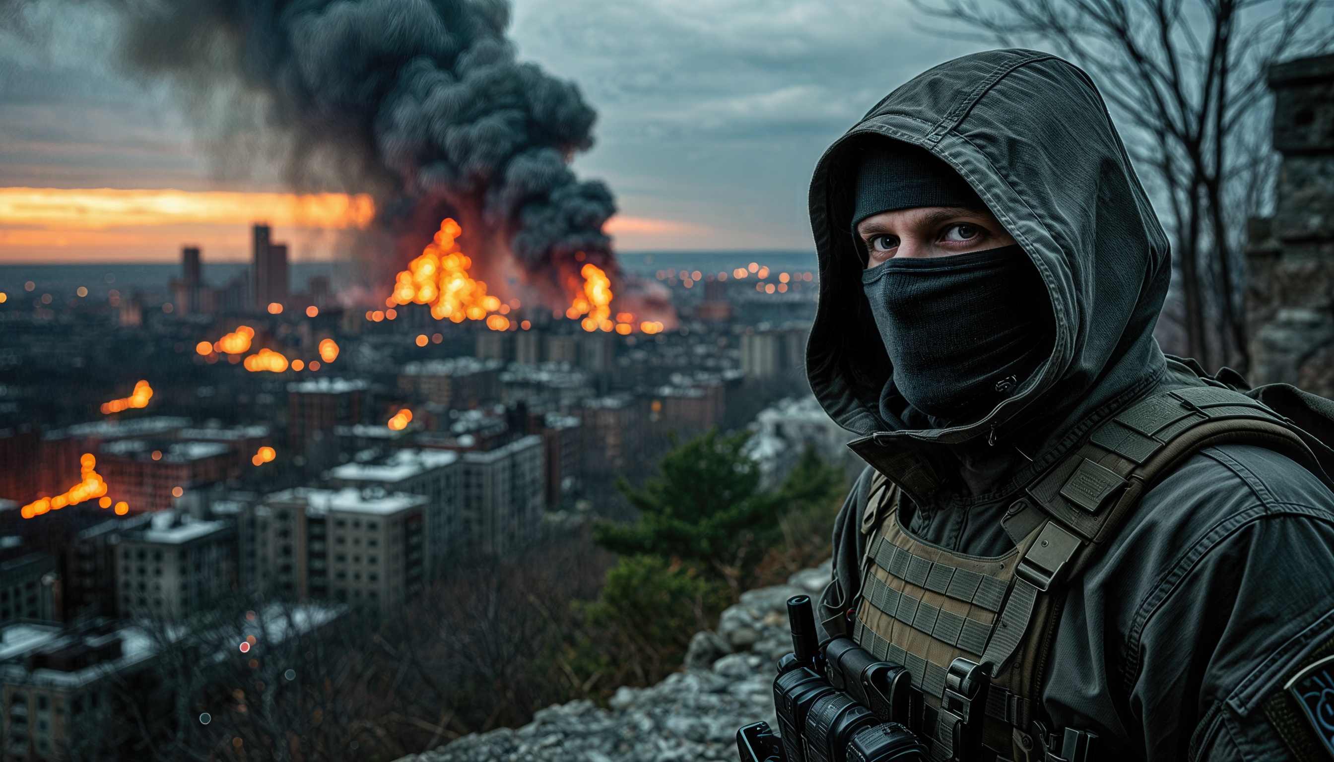 Бесплатное фото Боец в балаклаве и бронежилете на фоне города, над которым поднимается густой чёрный дым и пламя.