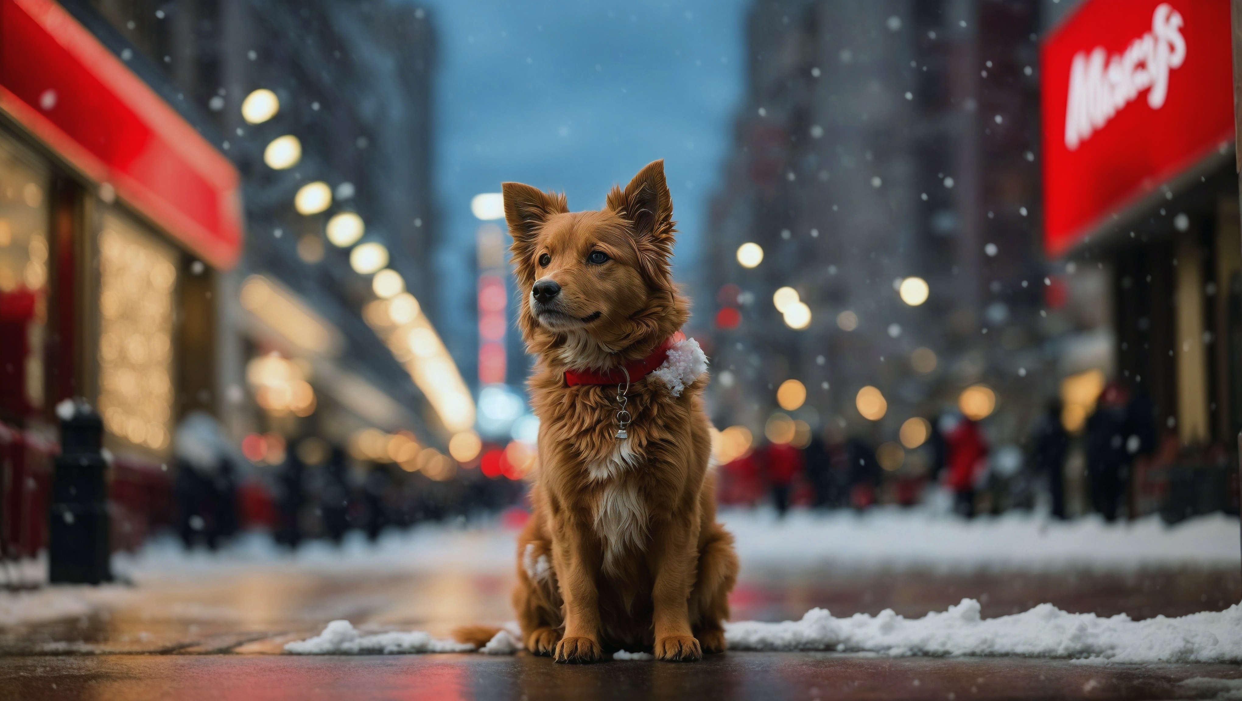 Free photo A brown dog sits on the sidewalk in the snow.