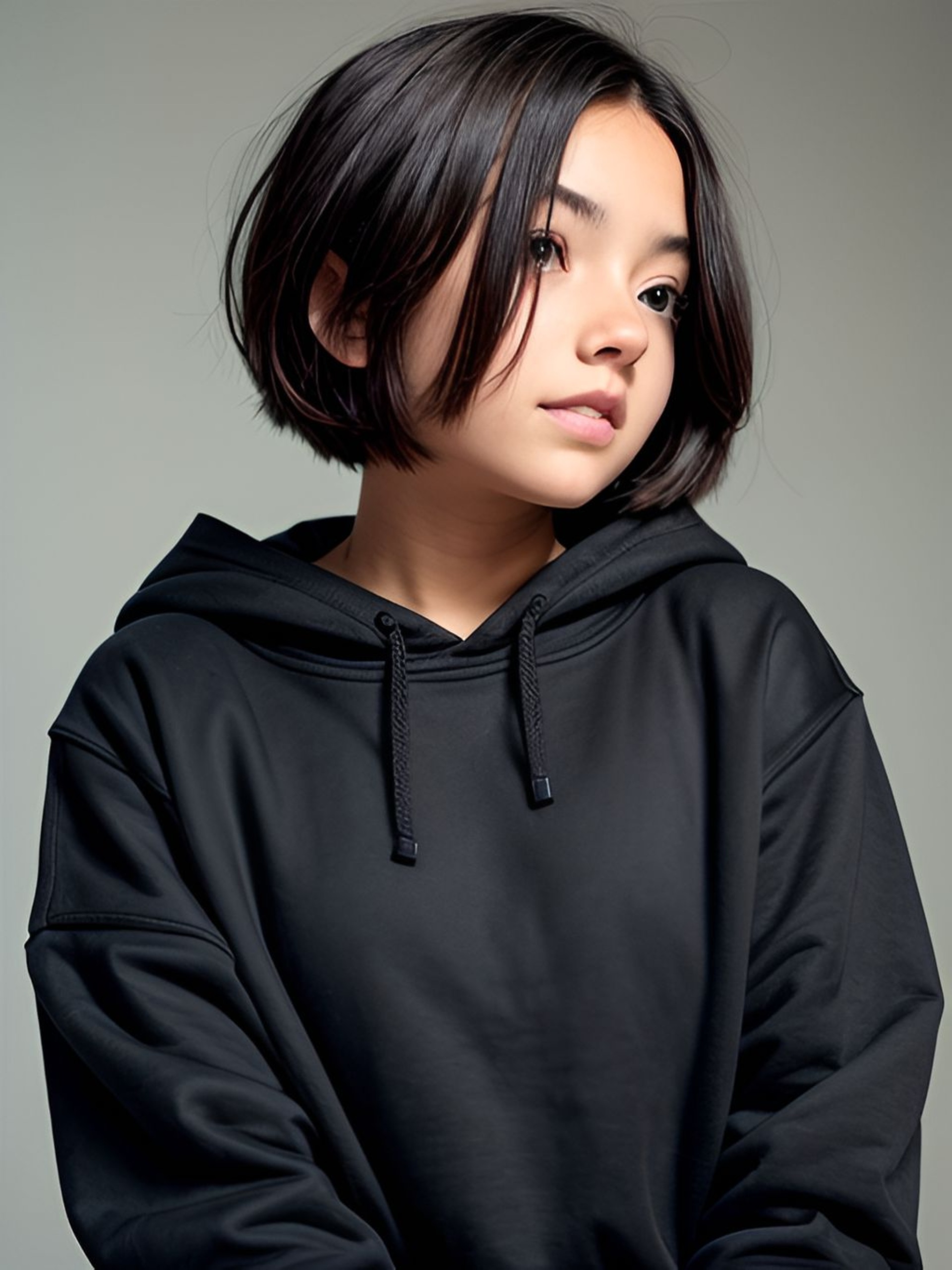 Красивая девушка, брюнетка, с короткими волосами, в черном худи, фото