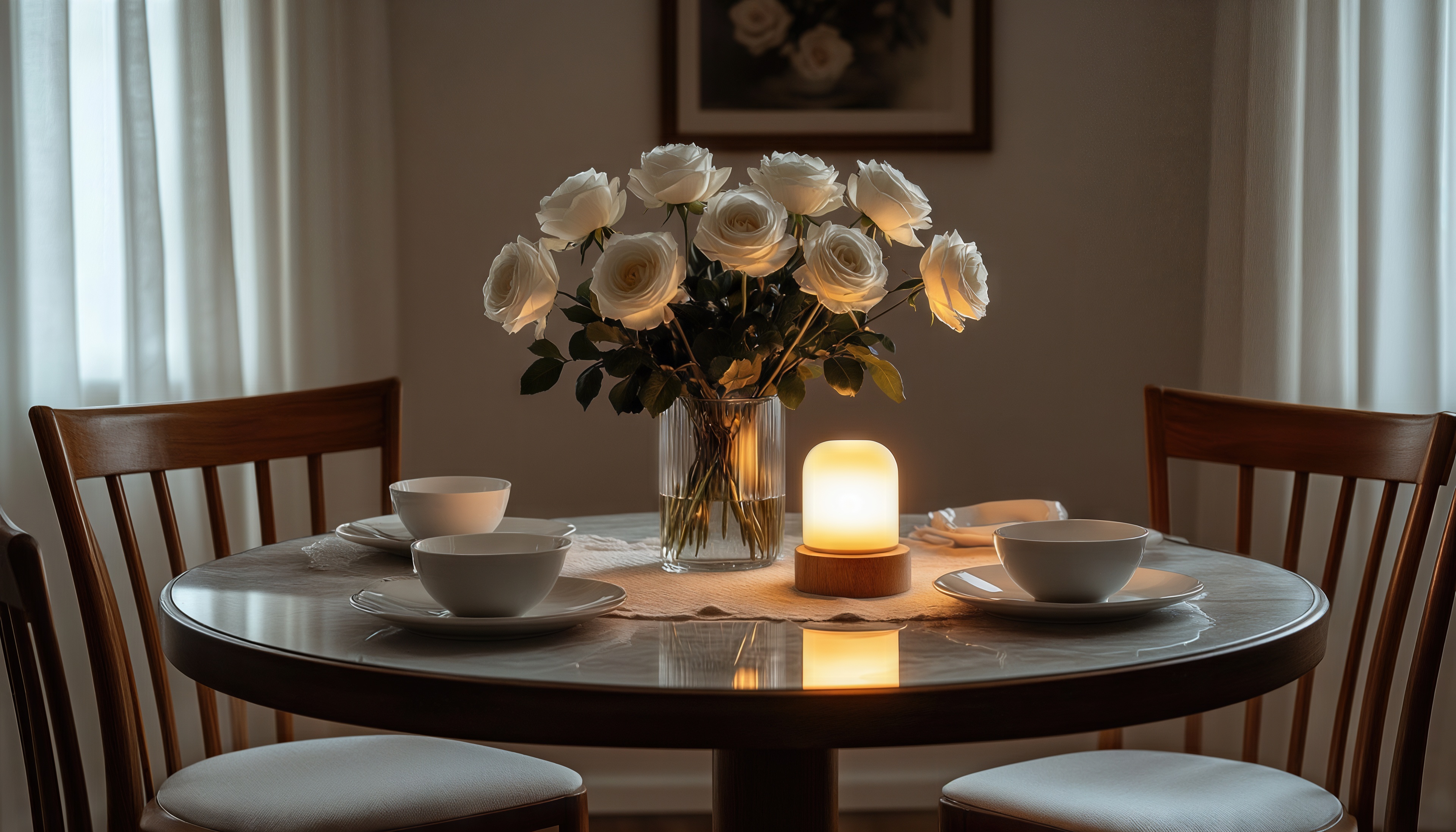 Бесплатное фото Обеденная сцена в минималистичном стиле: розы, лампа, белоснежная посуда.