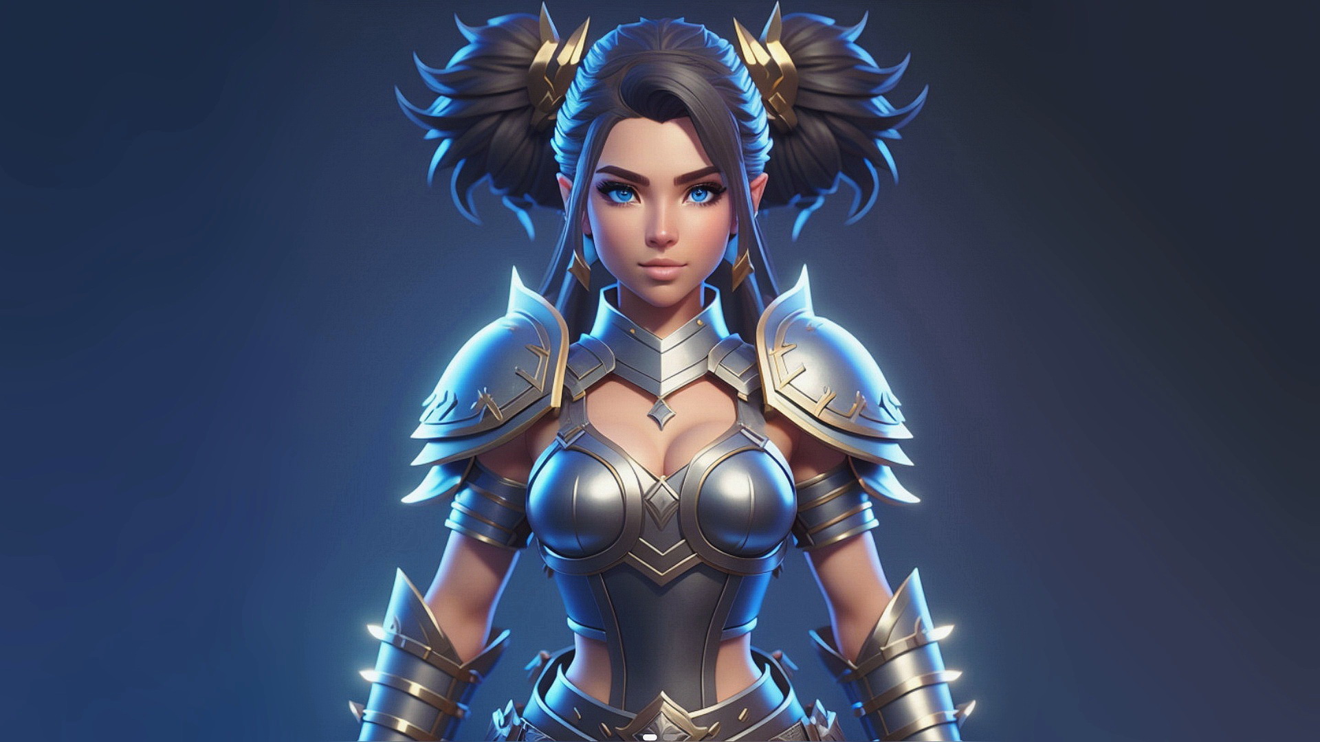 Free photo Drawing of a girl warrior standing in armor on a blue background