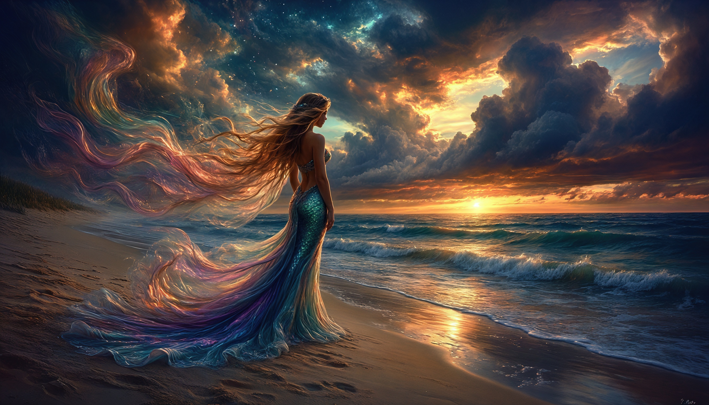 Бесплатное фото Русалка с переливами в волосах стоит на берегу океана на закате.