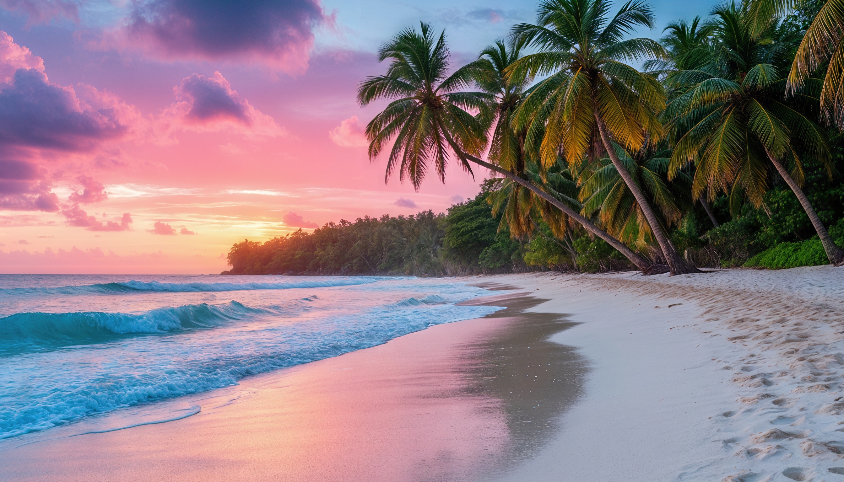 Тропический пляж с пальмами на фоне заката, волны океана и розовое небо создают атмосферу спокойствия и романтики.