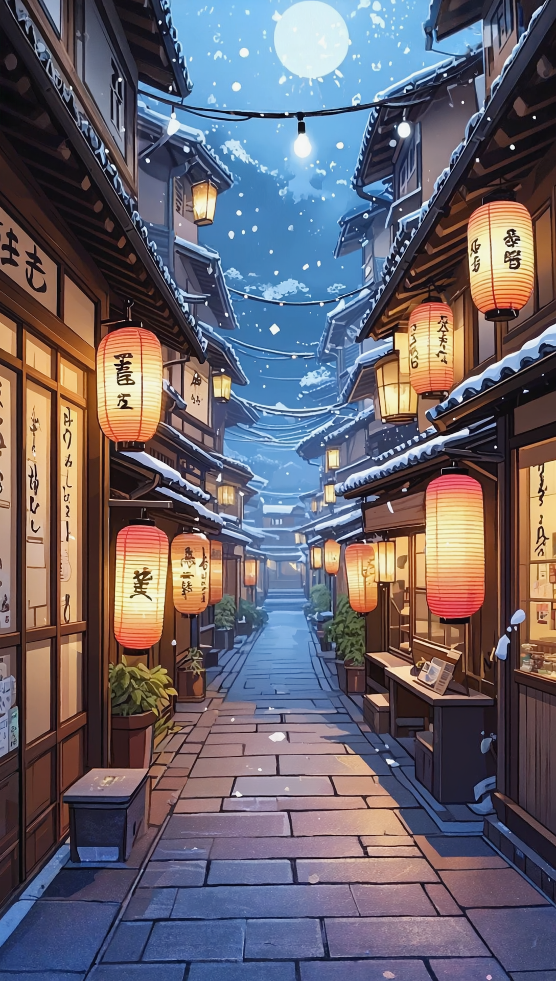 Wallpaper on your phone, winter city with street lamps