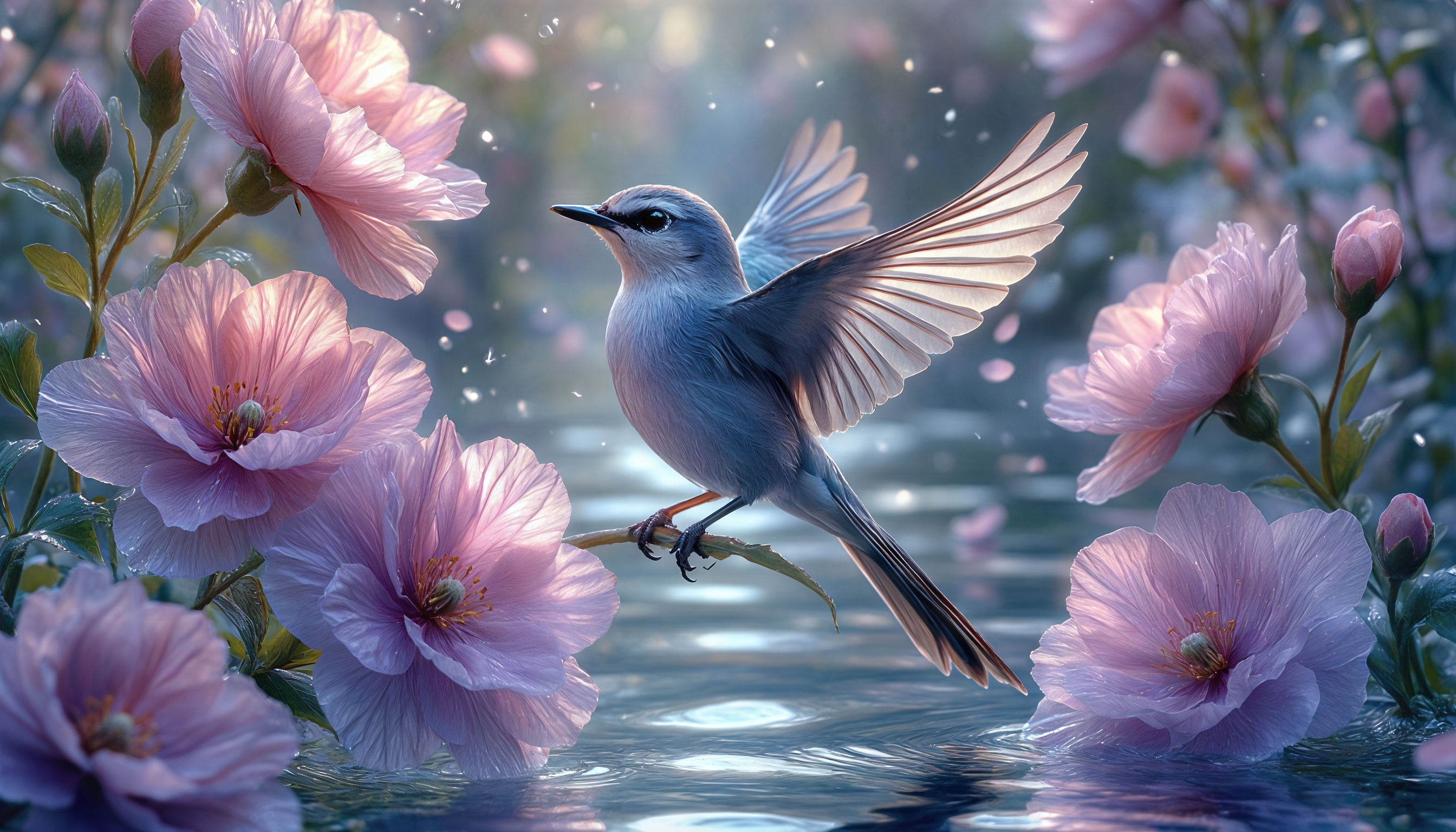 Бесплатное фото Малая мухоловка сидит на ветке среди розовых цветов.