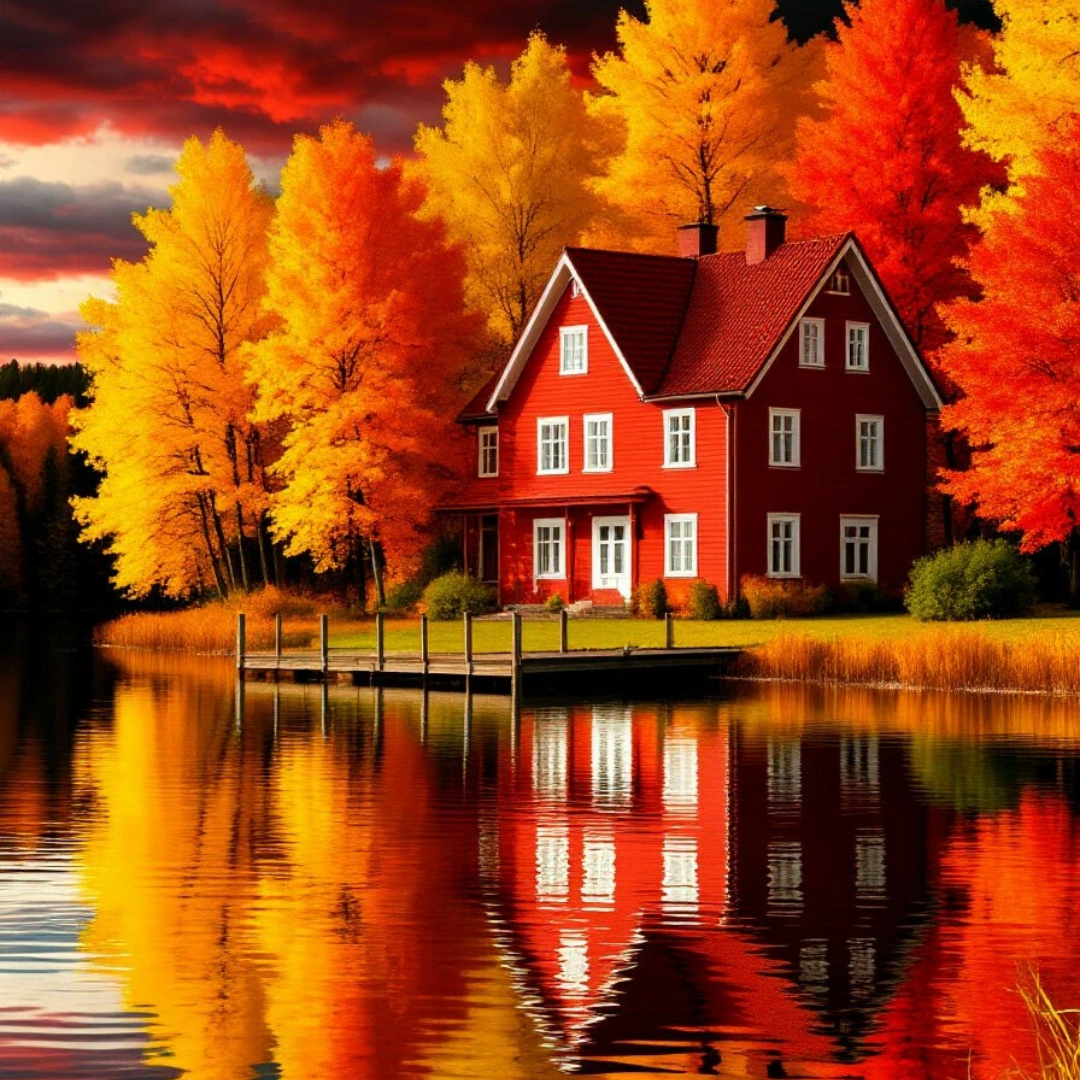Красный дом в осенних красках