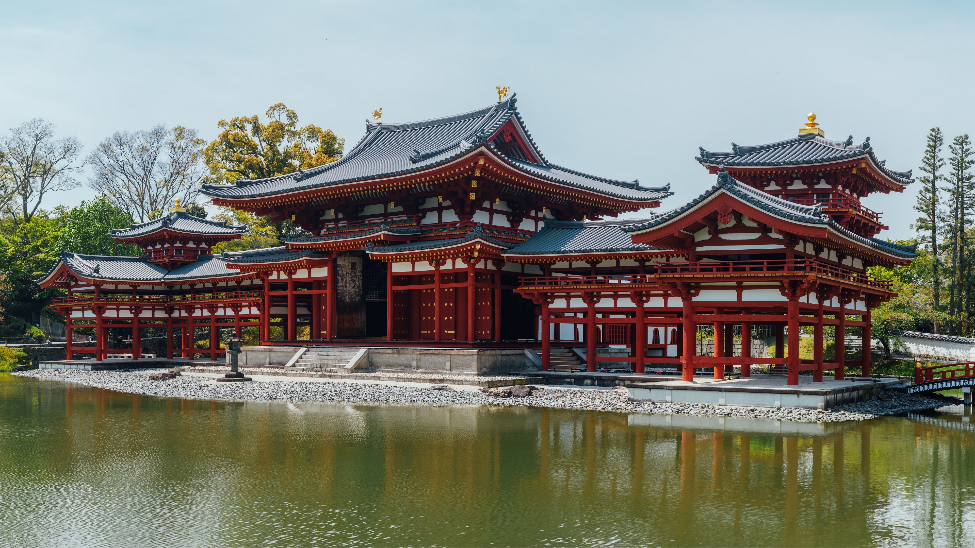 Japanese red-colored building by the water