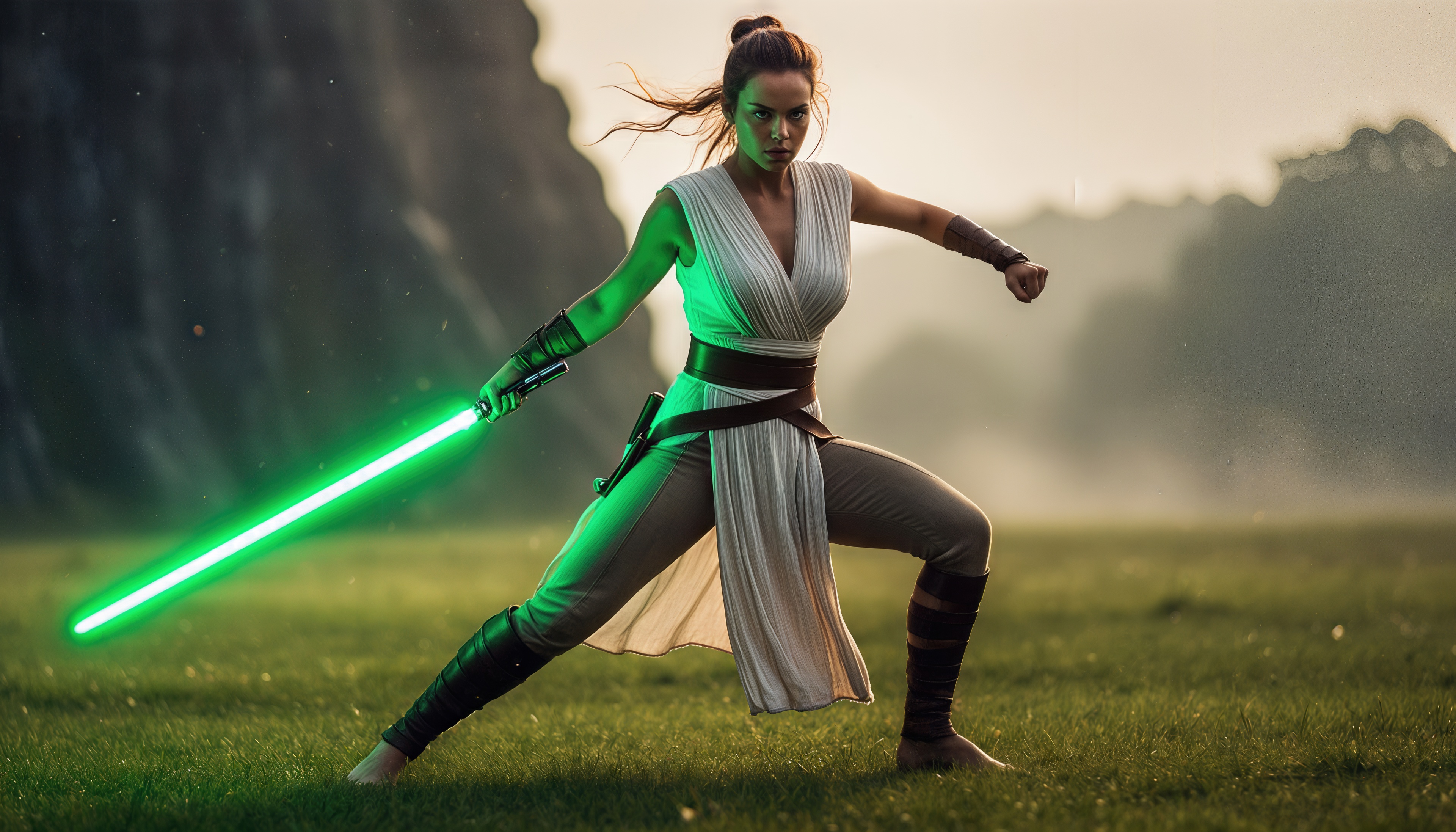 Бесплатное фото Воинственная джедай с зелёным световым мечом на фоне туманного пейзажа.