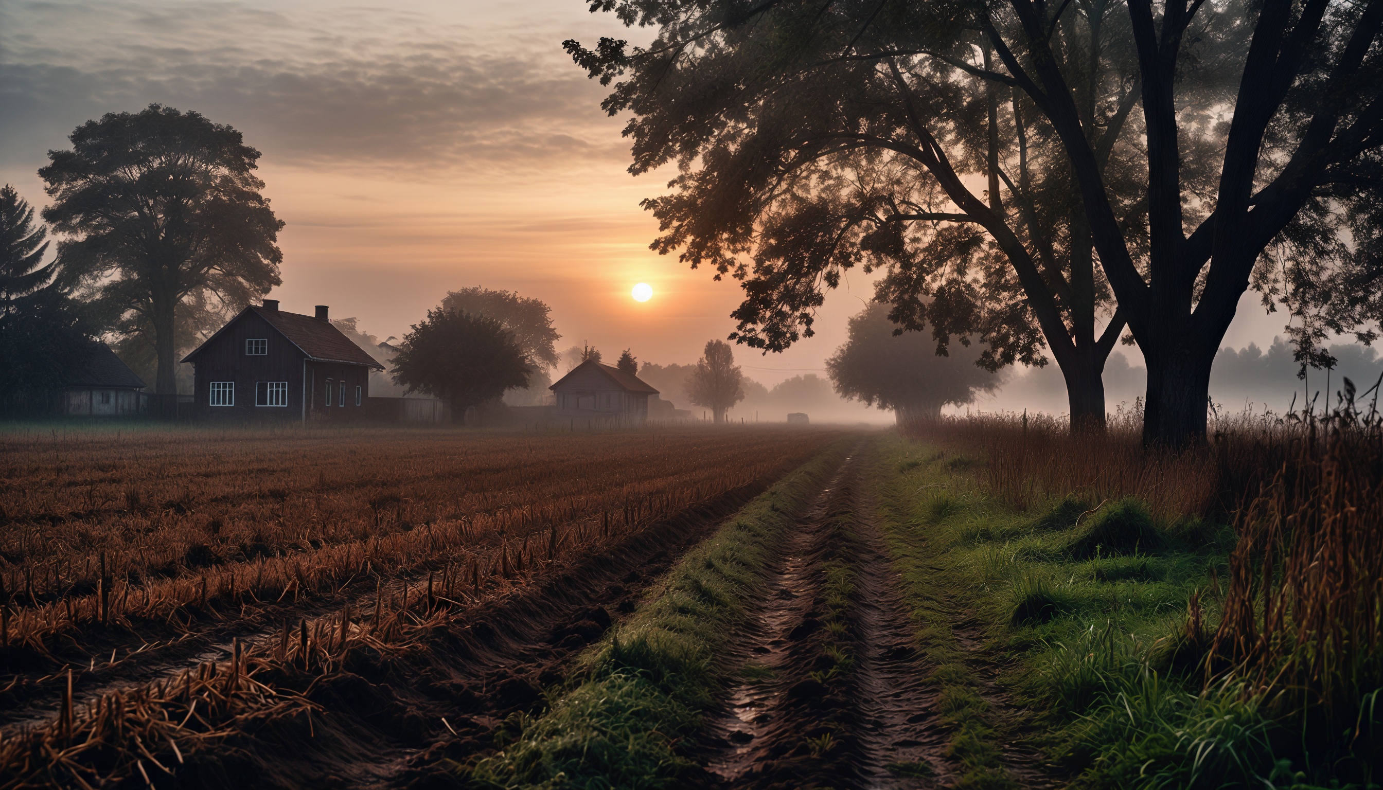 Бесплатное фото Сельский пейзаж с полем, дорогой, домами и деревьями на фоне утреннего света.