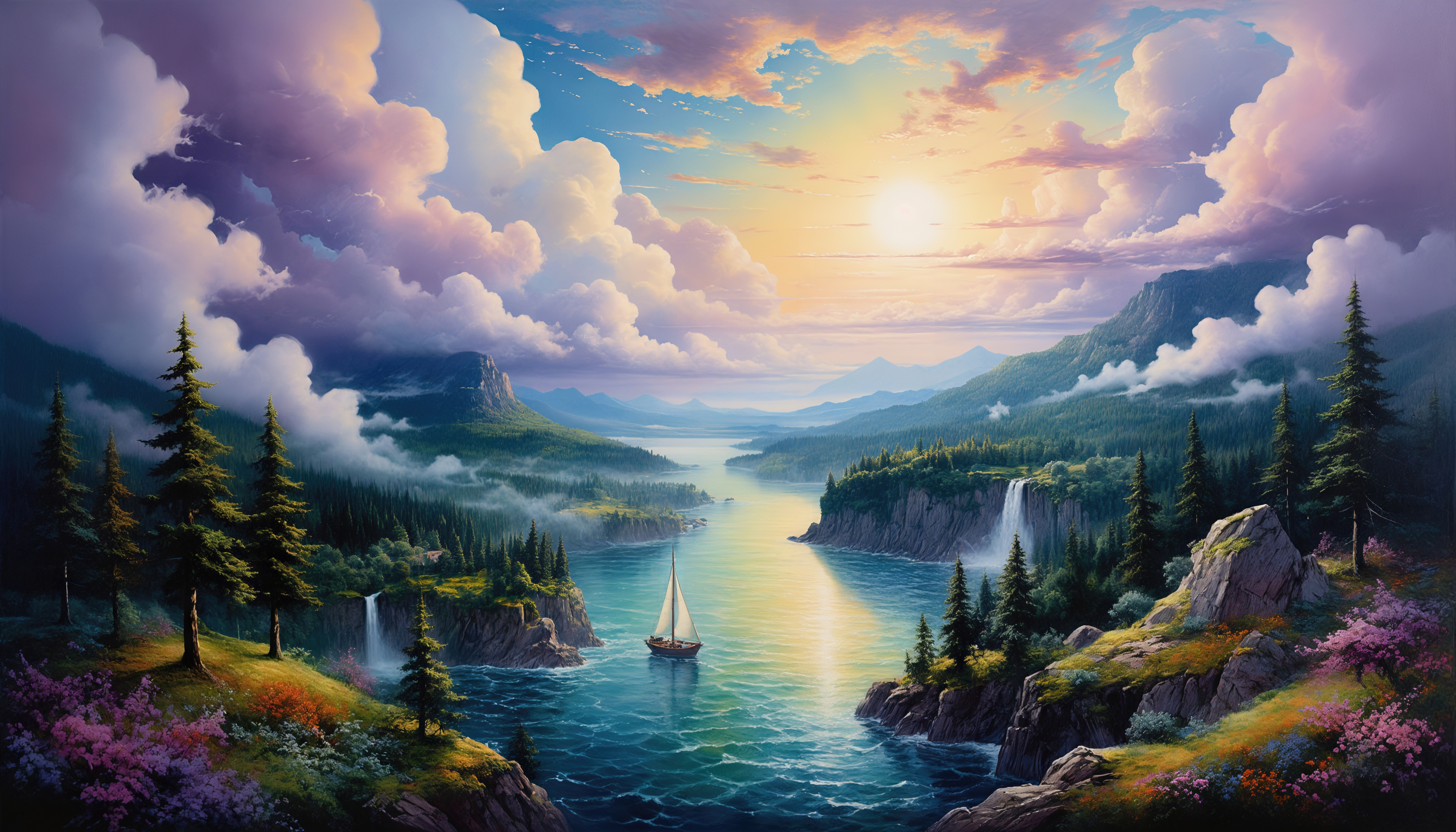 免费照片日落时,帆船在河流的表面上滑行,在山峦和瀑布之间.