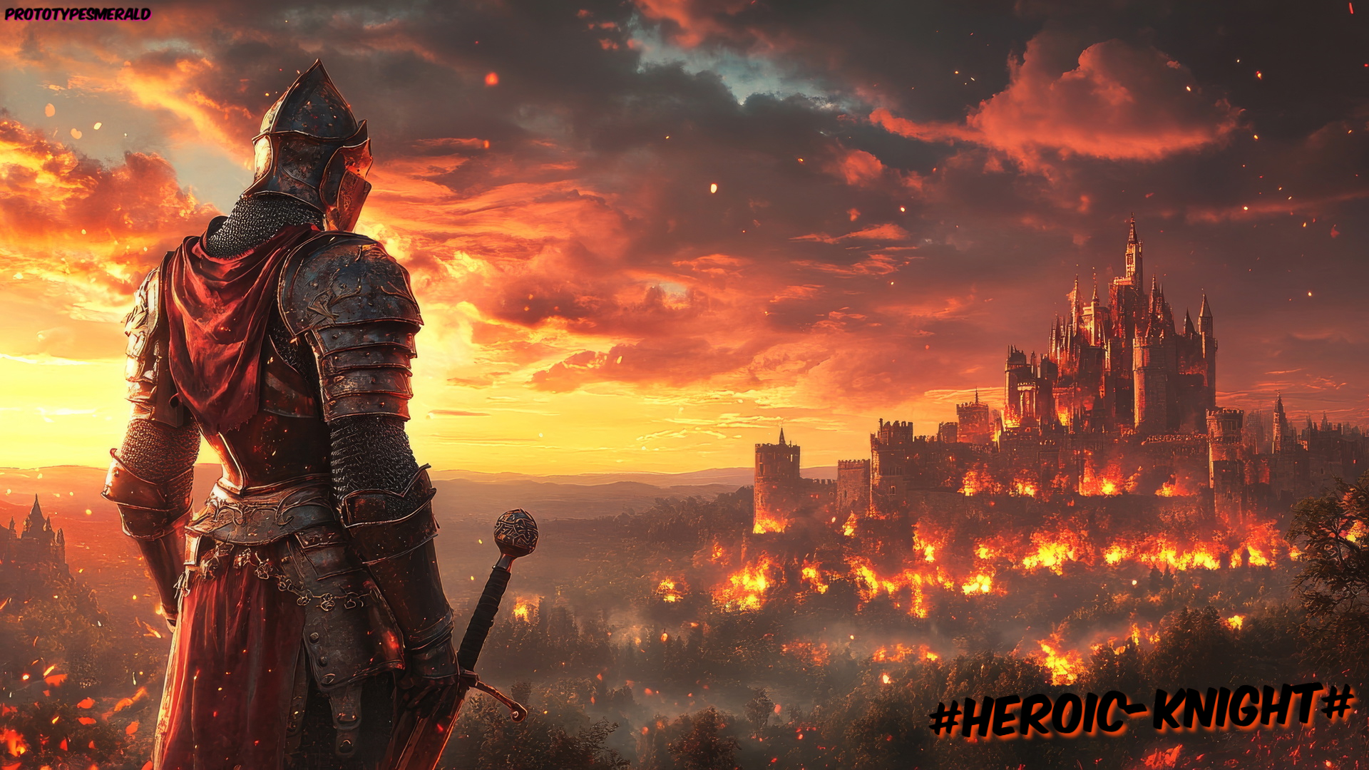 Free photo The Knight and the Burning Castle