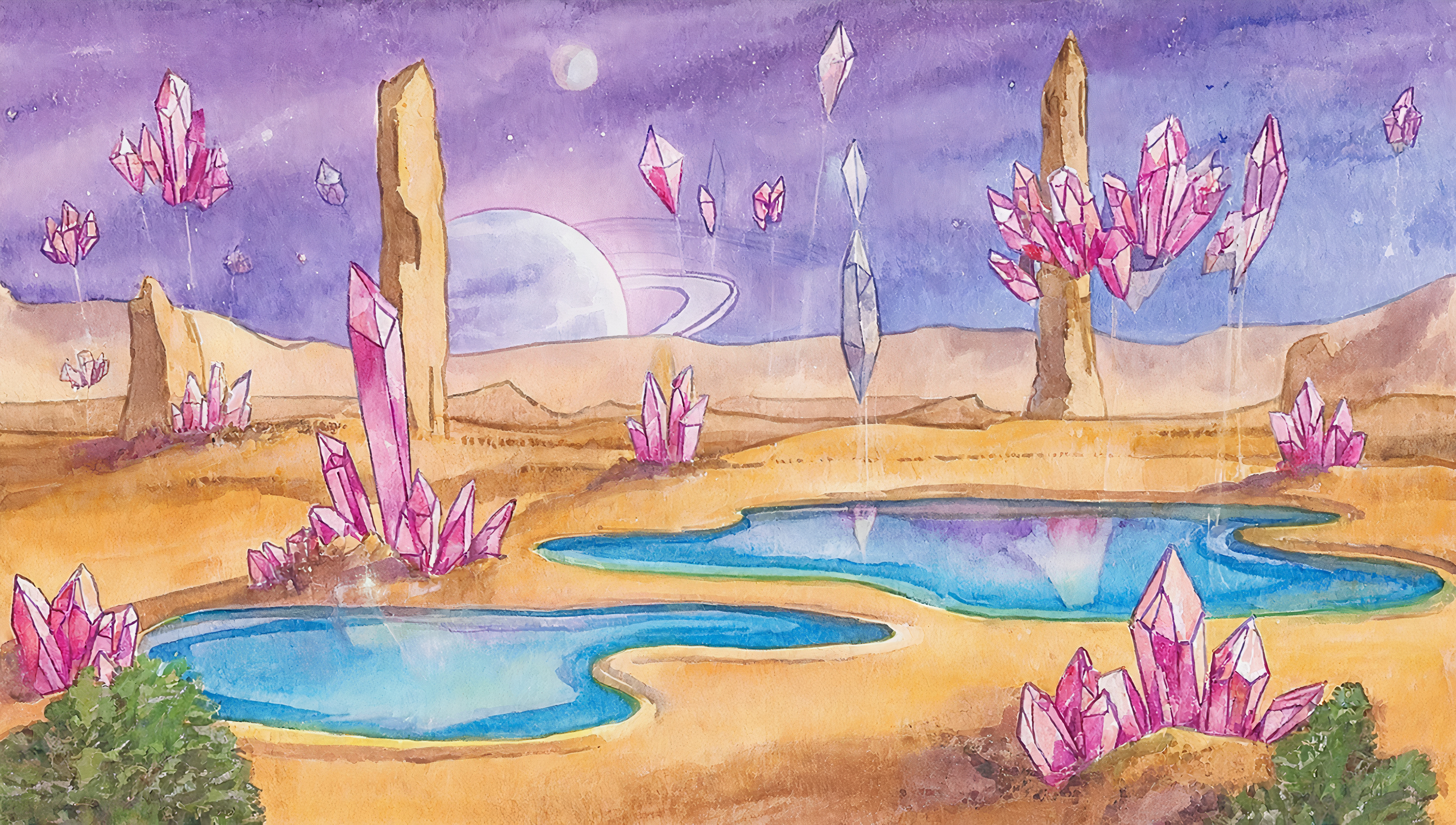 Free photo An abstract painting showing another world with lakes in it