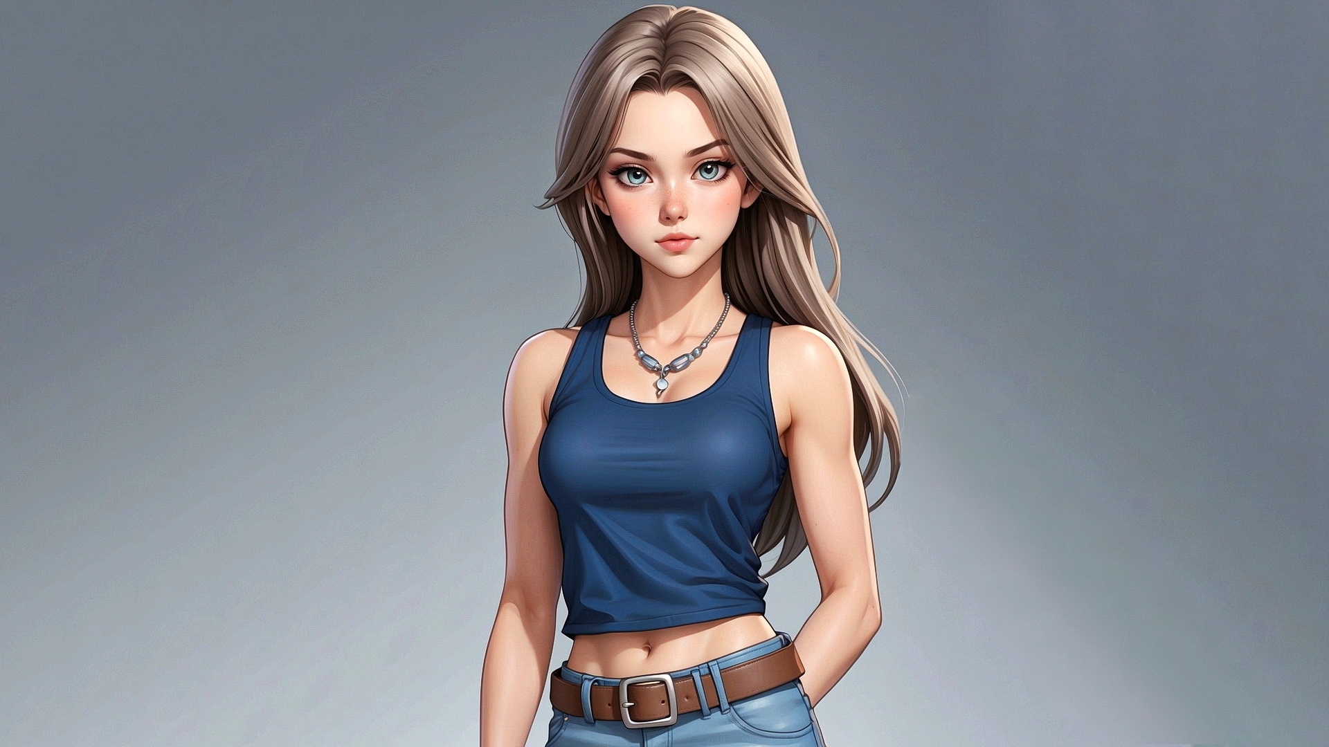 Free photo Blonde-haired girl in a T-shirt and jeans standing on a gray background