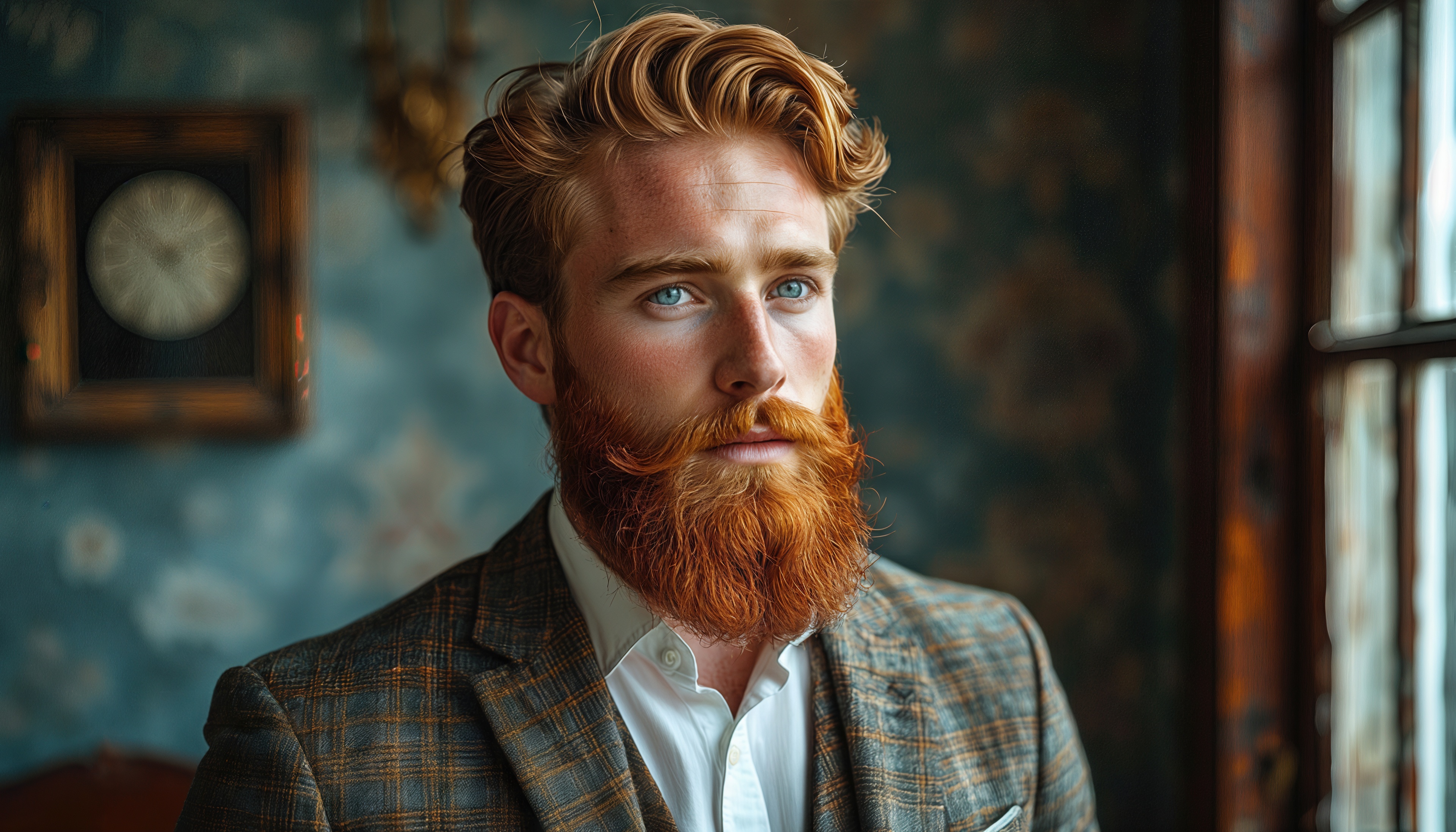 Мужчина с рыжими волосами и бородой в клетчатом пиджаке и белой рубашке на фоне стены с узором и часами.