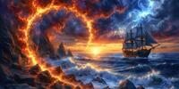 Величественный парусник в бушующем море, обрамлённый мистической огненной дугой.