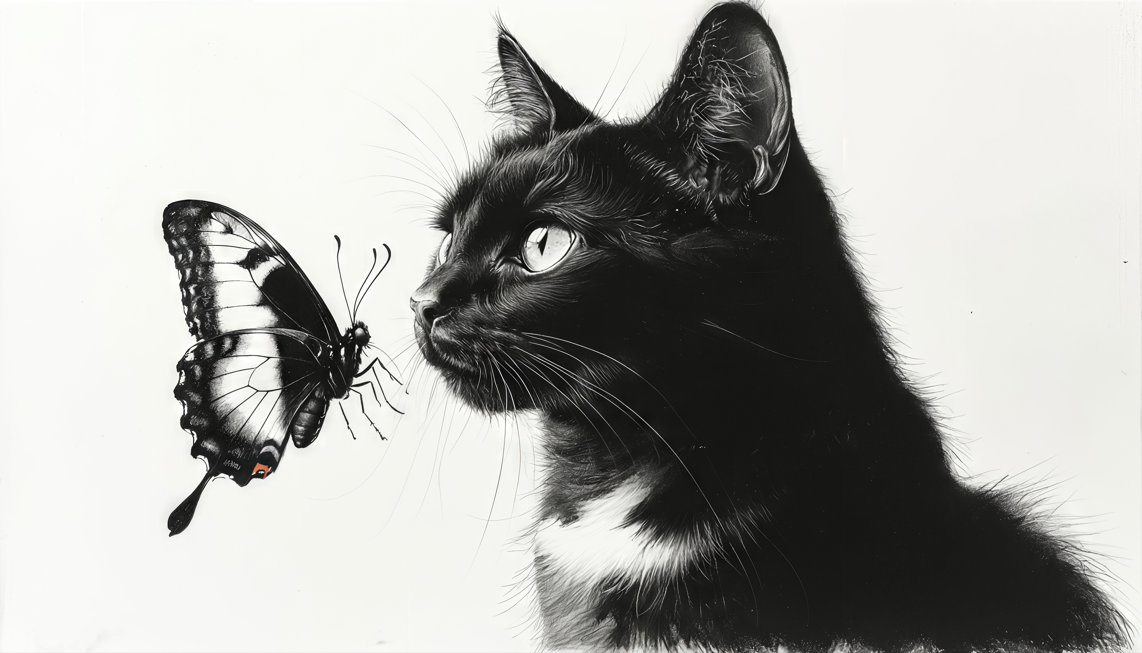 Free photo Monochrome duet: a cat and a butterfly in a dance of glances.