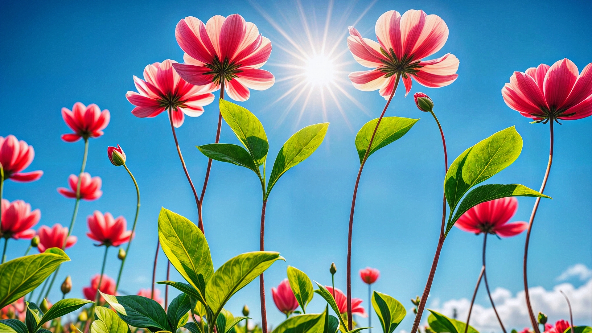 Red flowers against a blue sky