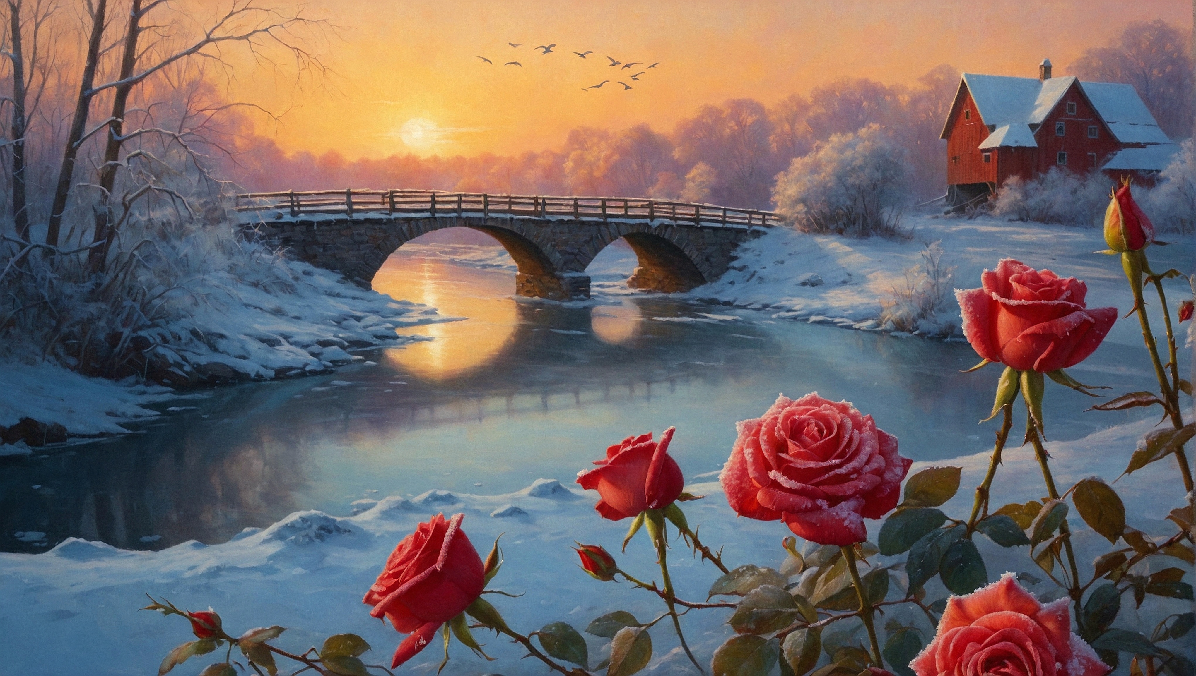 Картина с изображением красивой сцены с закатом, розами и мостом