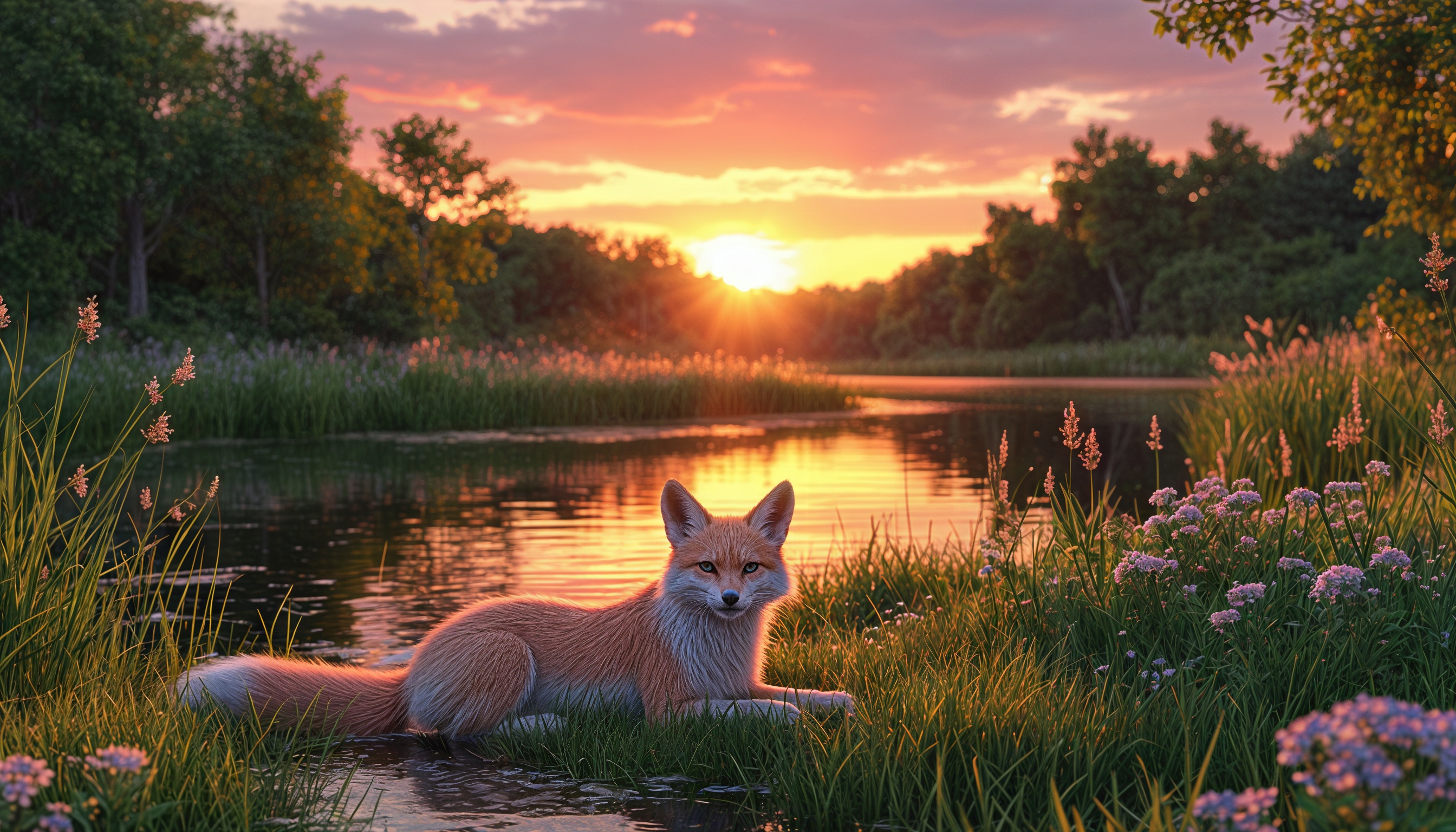 Лиса на закате у водоема.