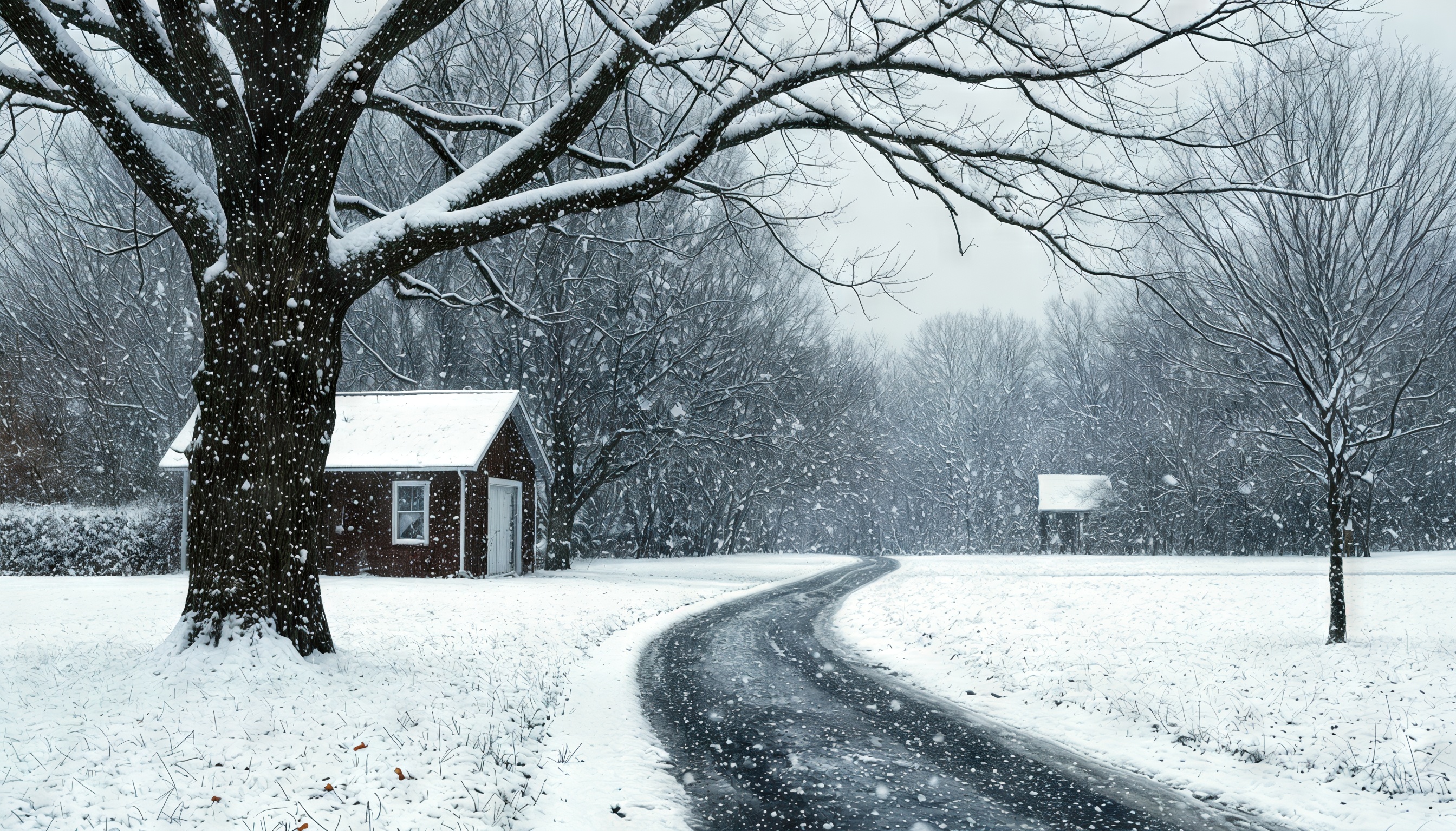 Бесплатное фото Зимний пейзаж с заснеженными деревьями, домами и дорогой между ними.