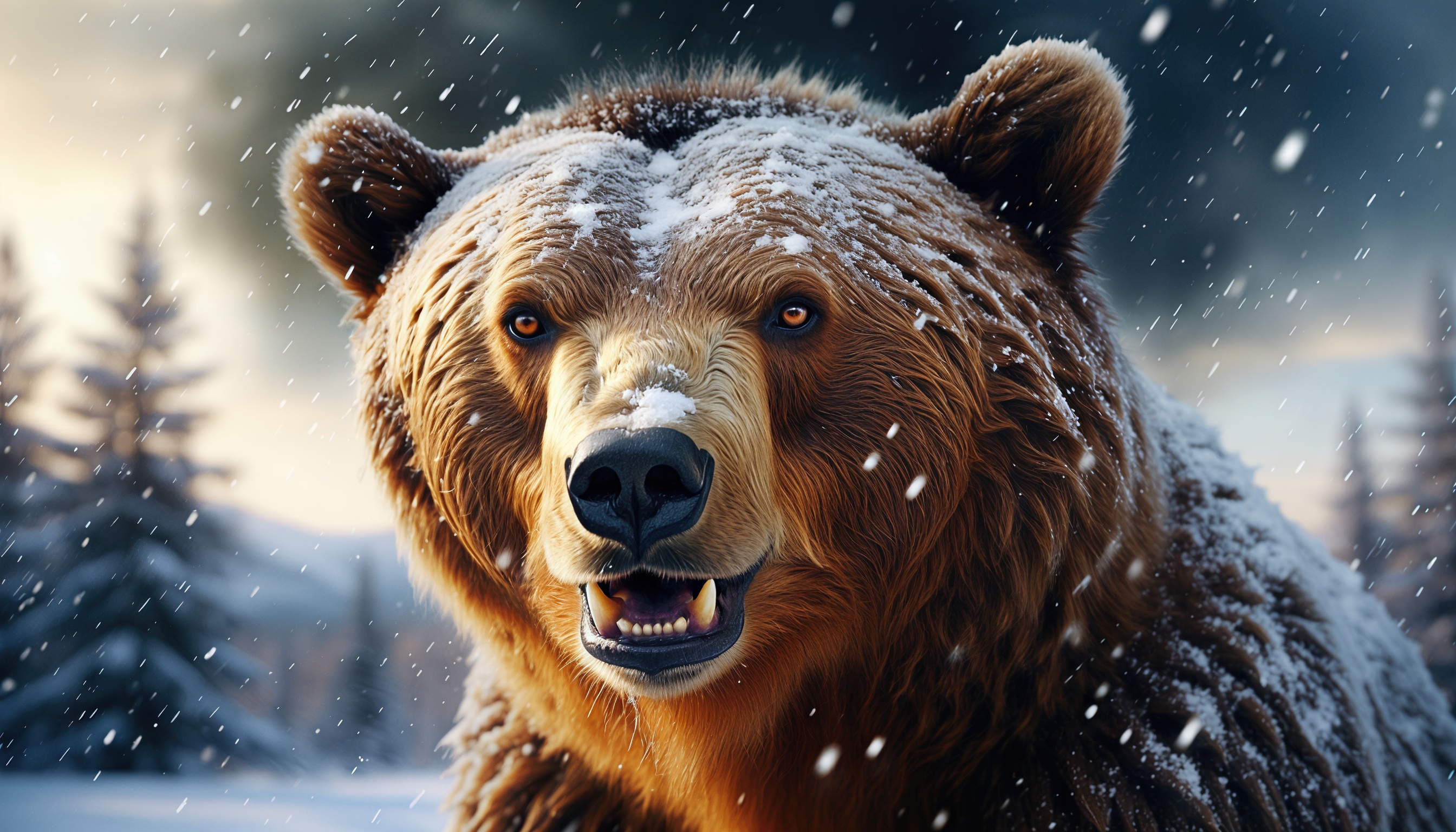 Бесплатное фото Бурый медведь в зимней обстановке, с настороженным выражением и приоткрытой пастью.