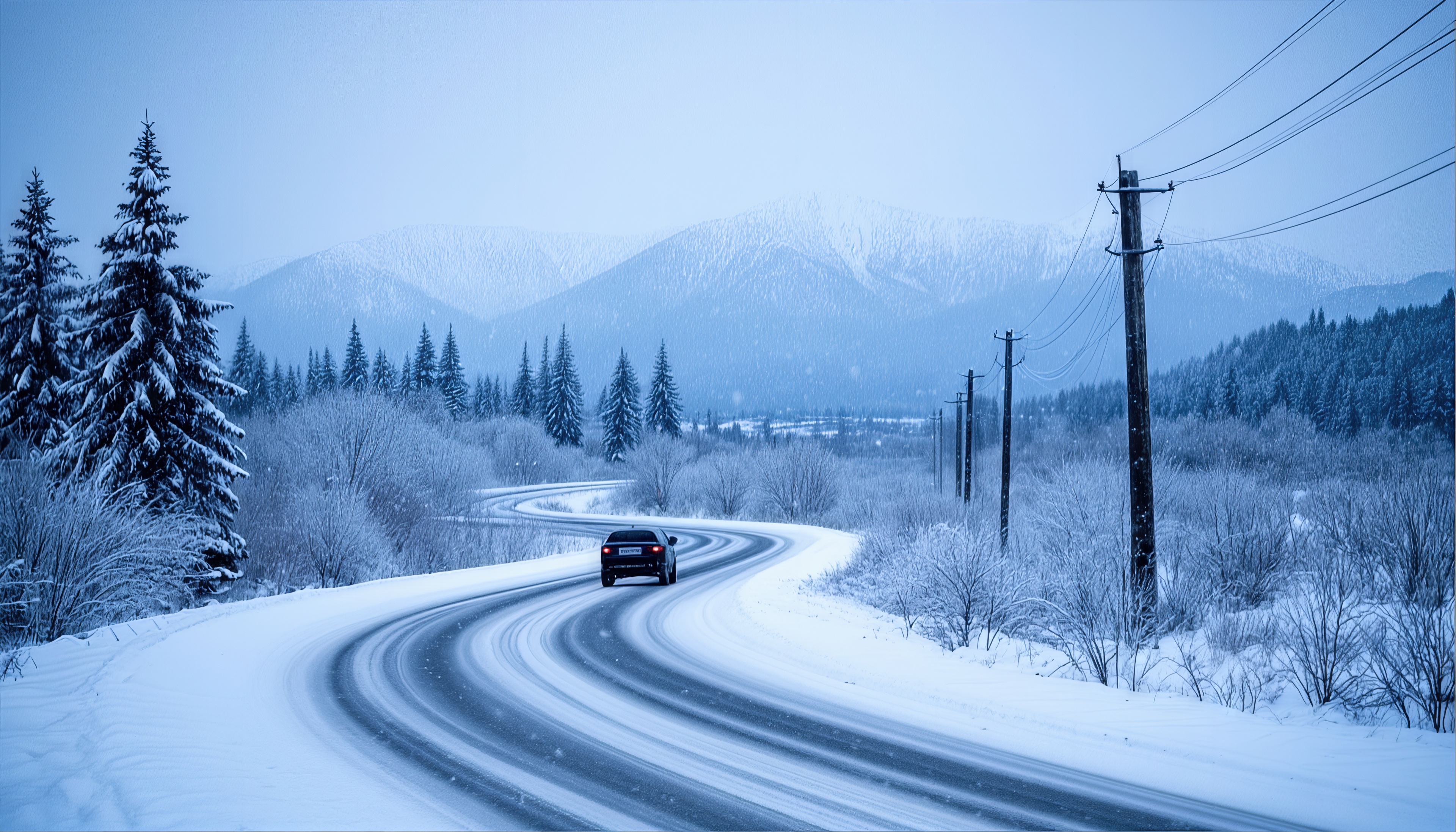 Free photo A black car drives along a winding snow-covered road among frost-covered fir trees against the backdrop of majestic winter mountains.