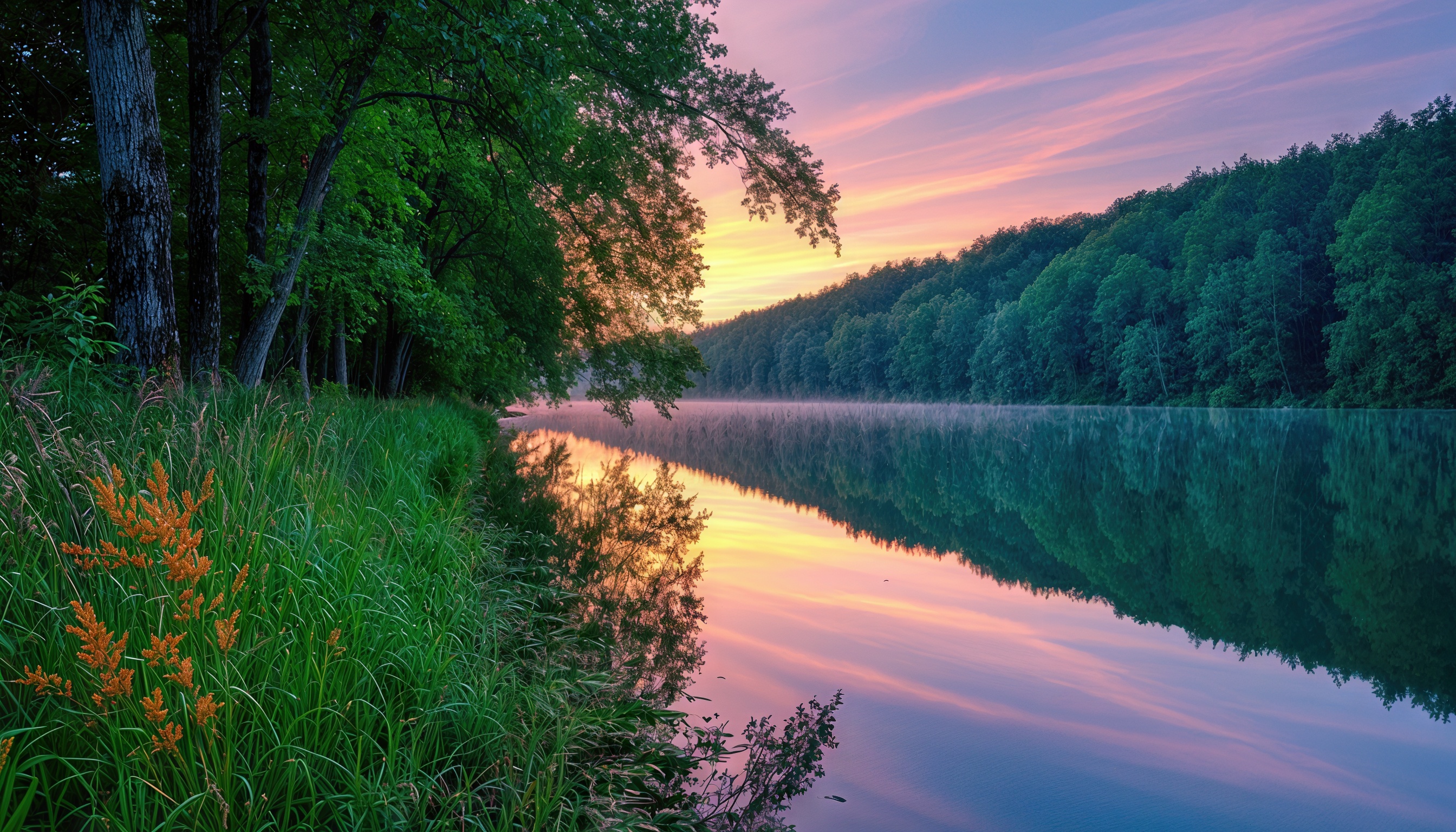 Бесплатное фото Живописный пейзаж с рекой, окружённой зелёными деревьями и кустарниками, на фоне заката.