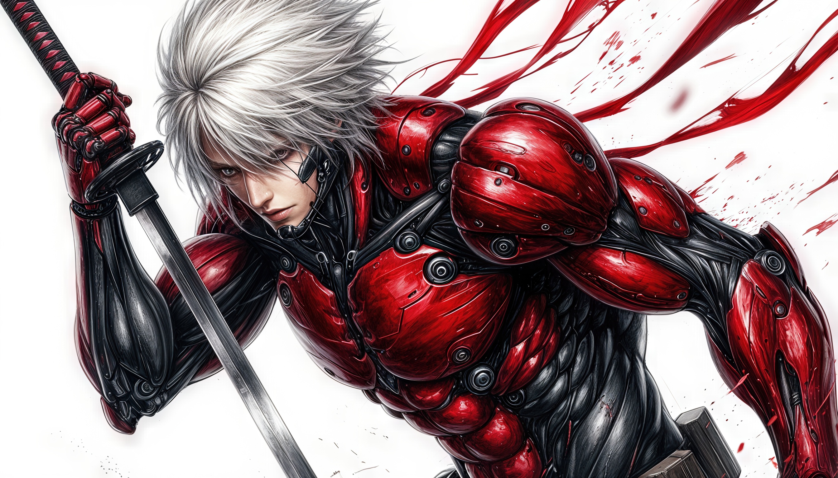 Кибернетический воин с катаной в красном экзоскелете - воплощение футуризма.
