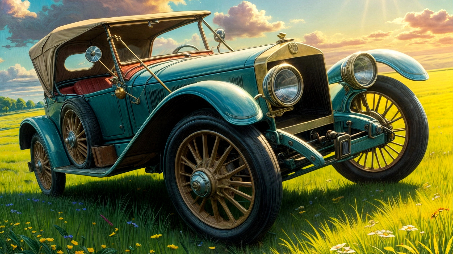 Автомобиль стоит на зеленой траве