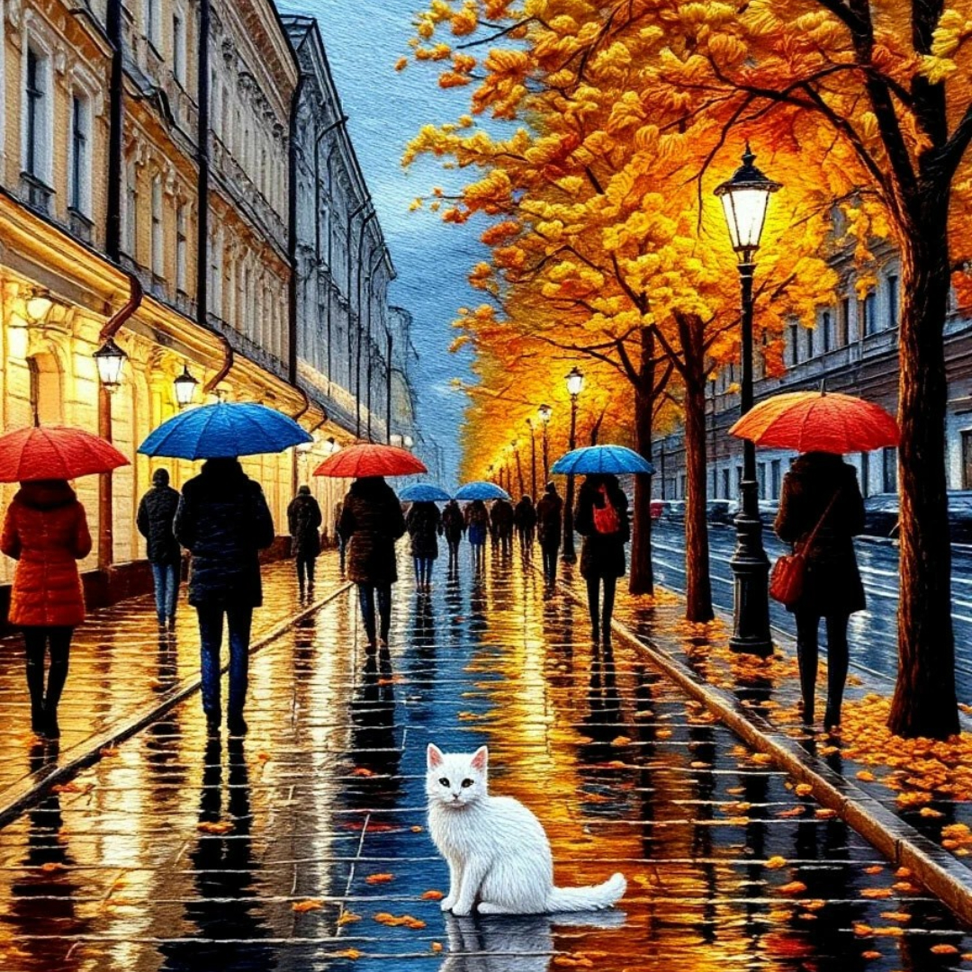 Бесплатное фото Белый кот под дождём