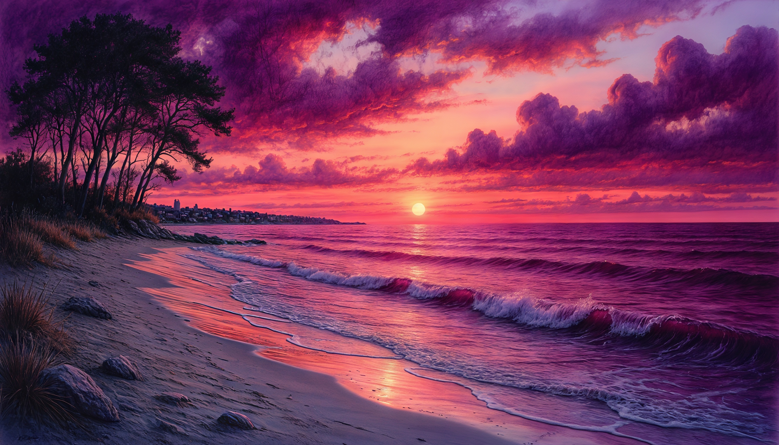 Бесплатное фото Закат на морском побережье с яркими оттенками неба, отражающимися в воде, и силуэтами деревьев и зданий на горизонте.