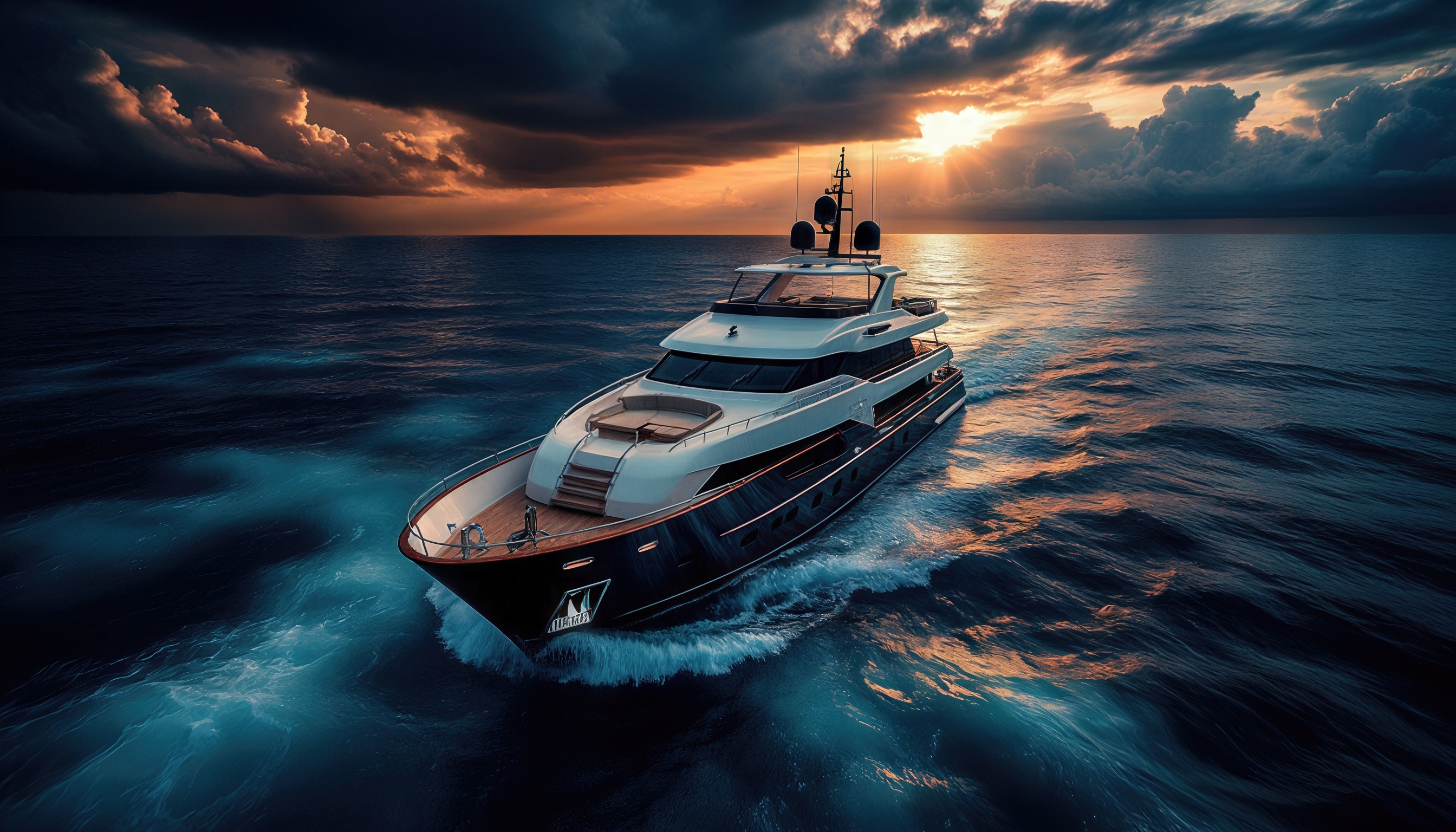 Бесплатное фото Роскошная яхта рассекает волны в лучах закатного солнца.